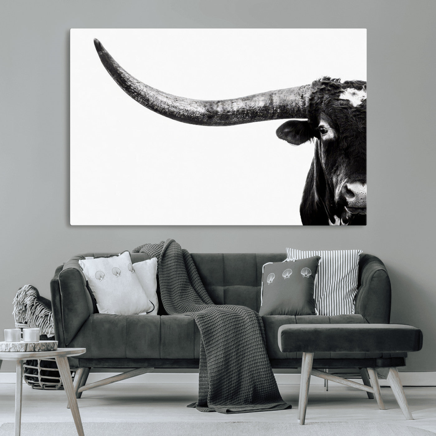31699-MGV-CV-36X24-Longhorn Wall Art – Black and White Texas Longhorn Cow Canvas Print, Rustic Western Farmhouse Artwork for Living Room, Bedroom or