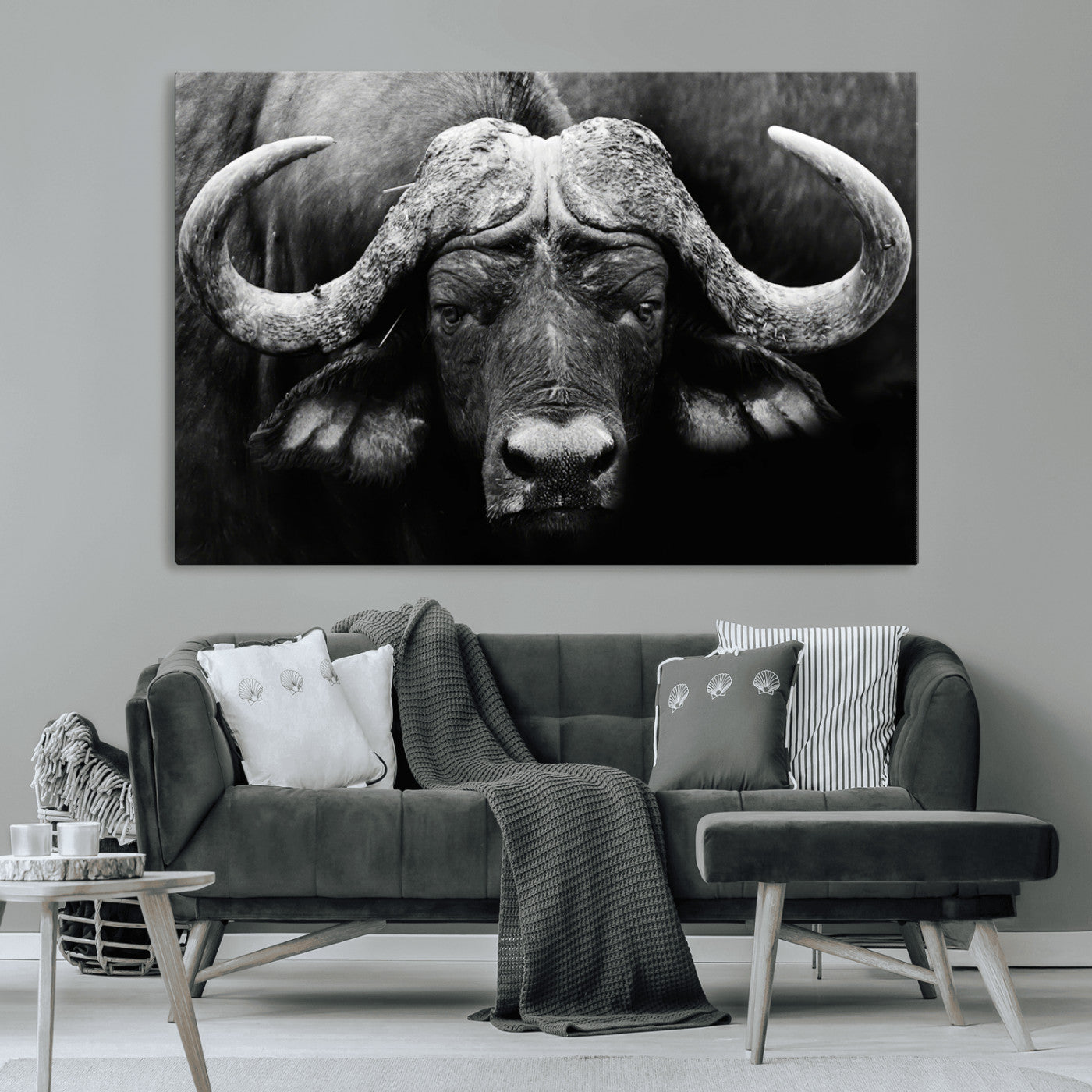 75273-MGV-CV-36X24-Buffalo Wall Art – Black and White African Buffalo Canvas Print, Rustic Wildlife Animal Artwork for Farmhouse, Living Room,