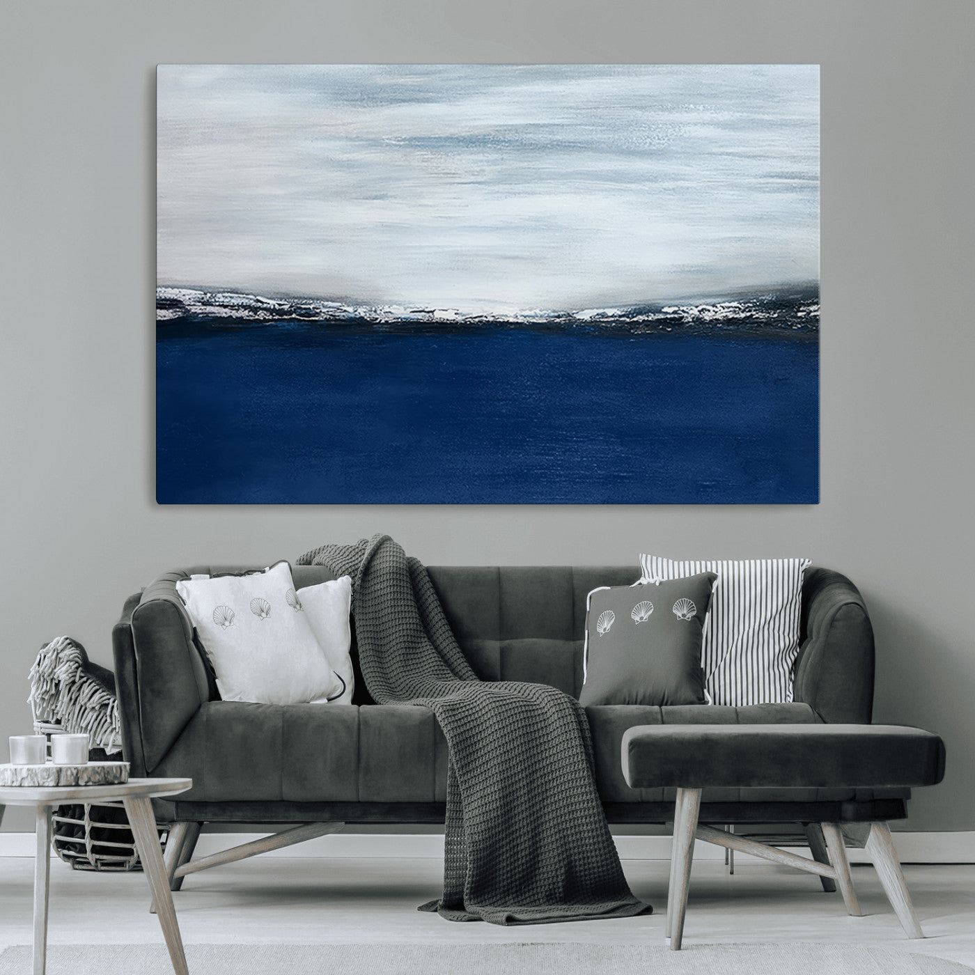 62197-MGV-CV-36X24-Abstract Ocean Wall Art – Minimalist Blue and White Canvas Print, Modern Coastal Seascape Painting for Bedroom, Living Room or