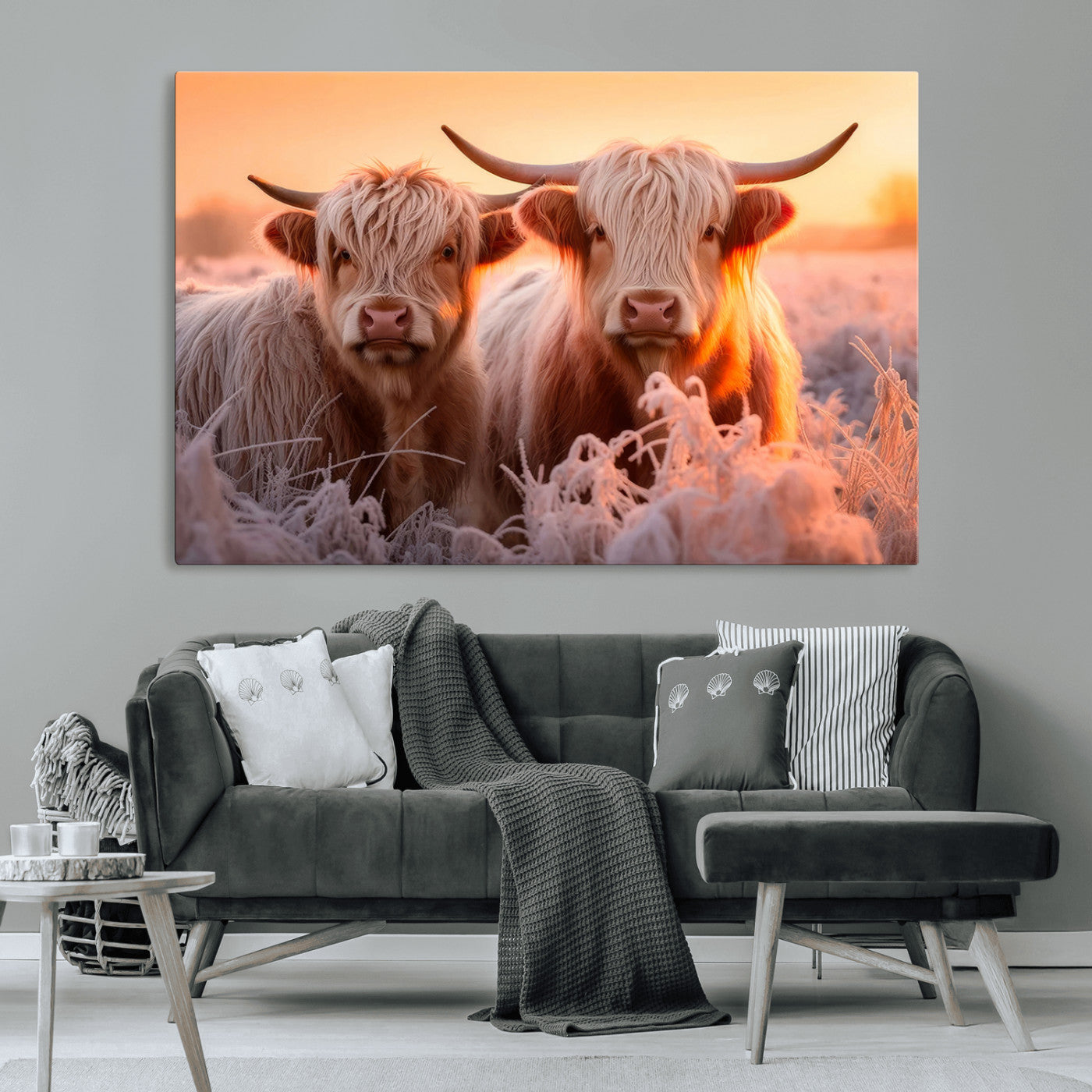 68253-MGV-CV-36X24-Highland Cow Wall Art – Rustic Farmhouse Cattle Canvas Print, Frosty Sunset Animal Artwork for Living Room, Bedroom or Country