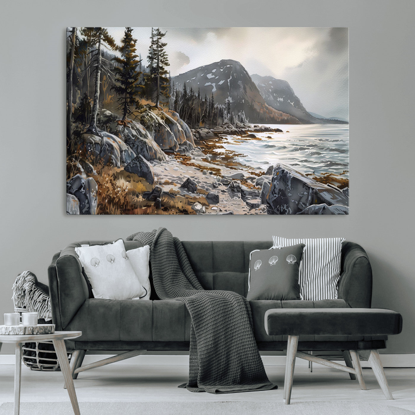 41281-MGV-CV-36X24-Rocky Shoreline Wall Art – Panoramic Mountain Coast and Forest Canvas Print, Rustic Nature Landscape Decor for Cabin, Lodge, or