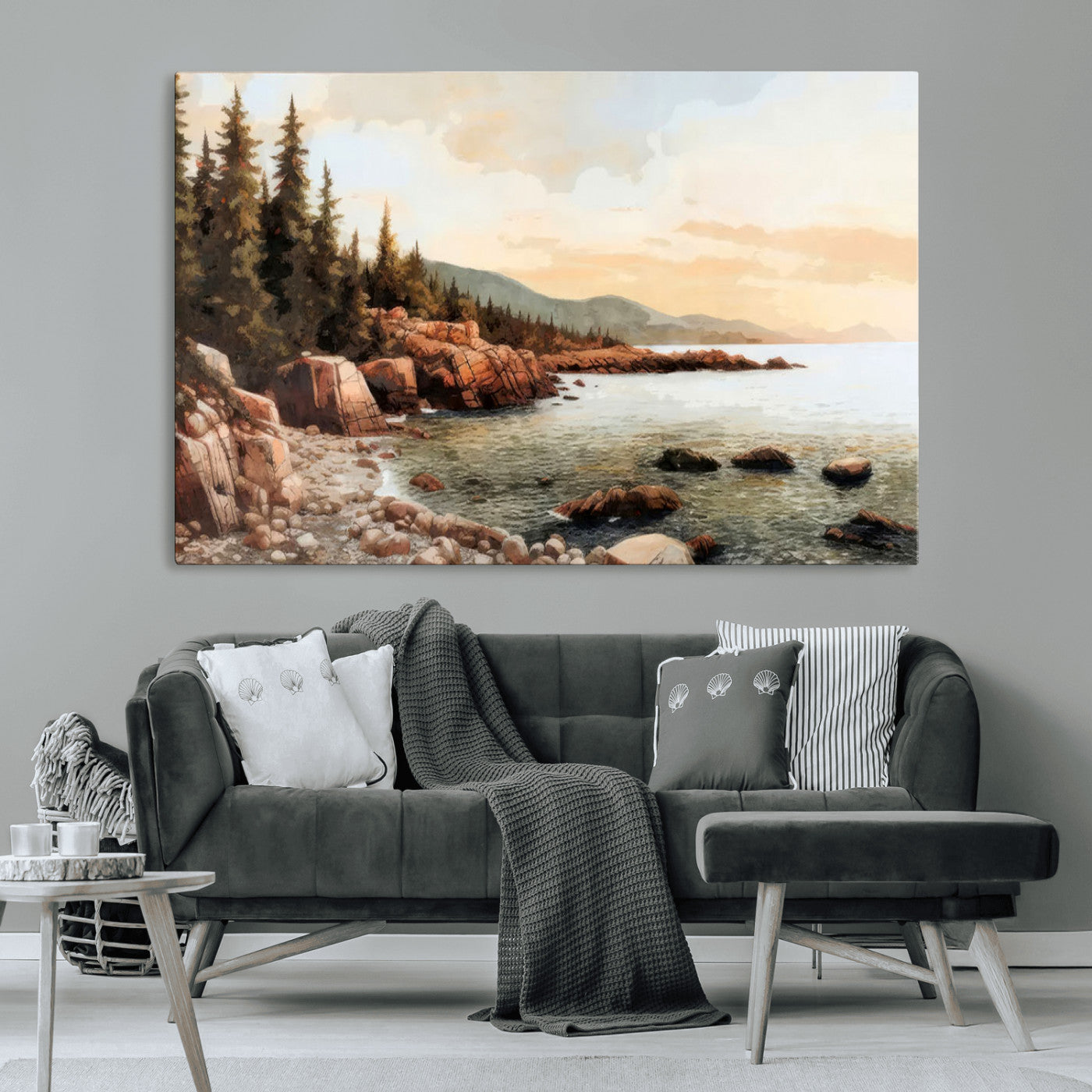 77145-MGV-CV-36X24-Coastal Landscape Wall Art – Panoramic Rocky Shoreline and Pine Trees Canvas Print, Rustic Nature Decor for Cabin, Lodge, Office,