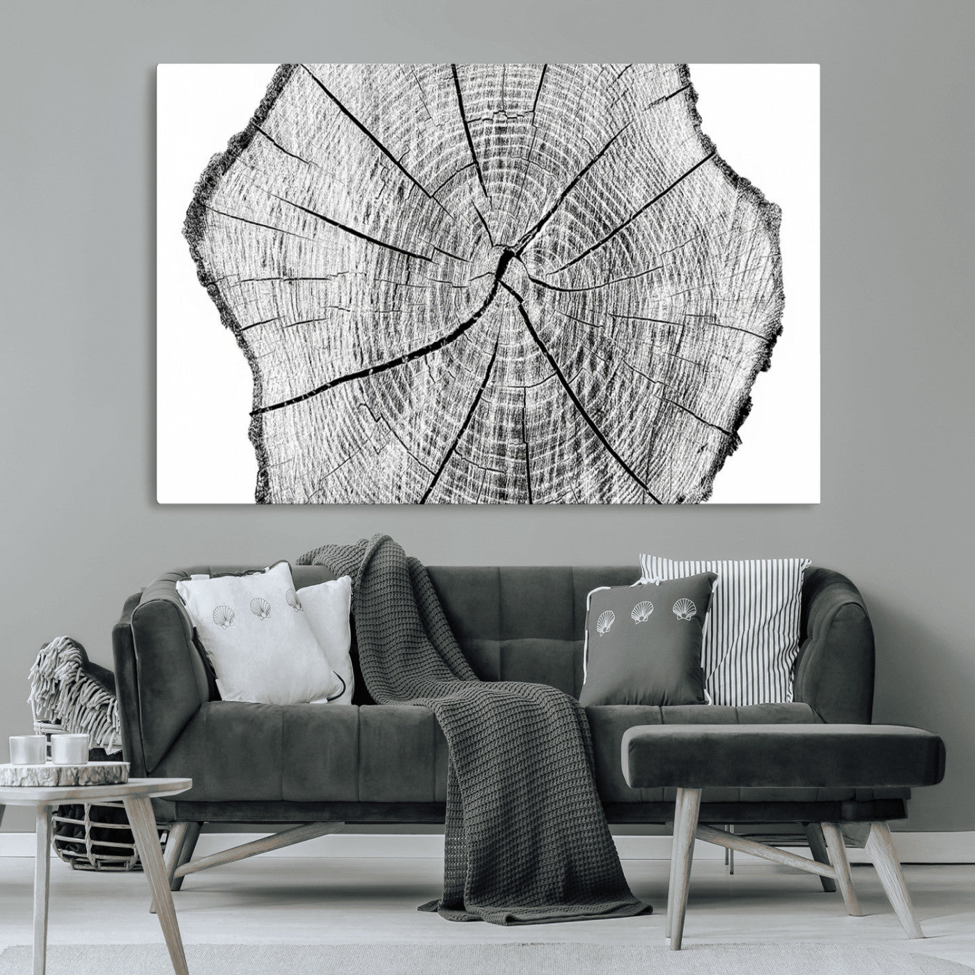 98709-MGV-CV-36X24-Tree Ring Wall Art – Black and White Canvas Print Rustic Wood Cross Section, Minimal Nature Inspired Decor for Living Room,