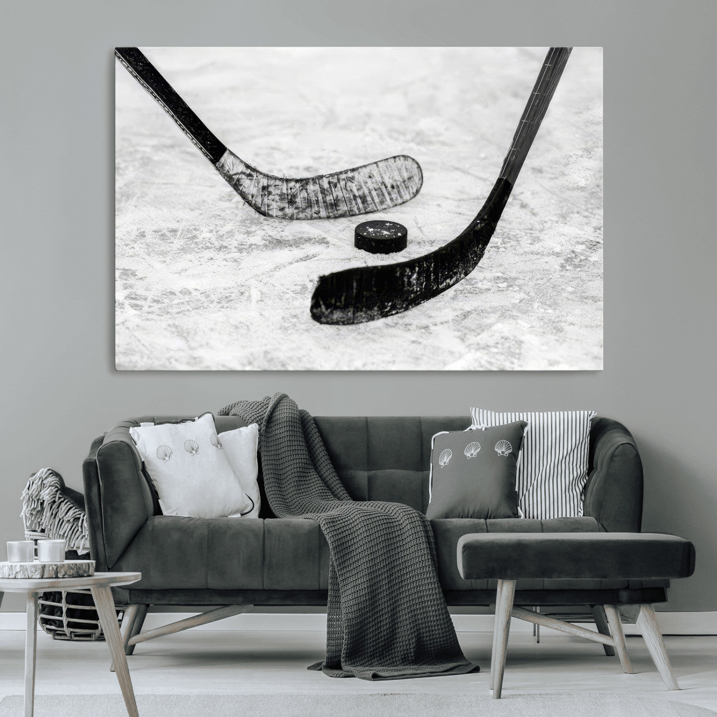82900-MGV-CV-36X24-Hockey Wall Art – Black and White Canvas Print Ice Rink Sticks Puck Sports Photography, Modern Decor for Game Room, Man Cave,