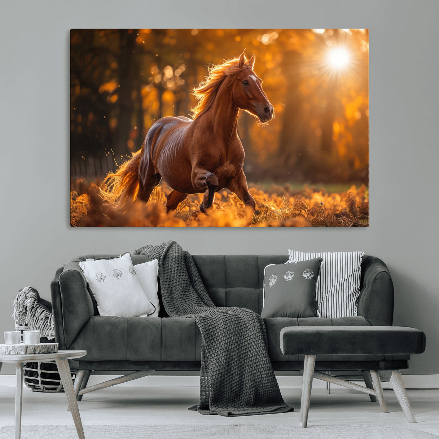 92144-MGV-CV-36X24-Sunset Horse Wall Art Canvas Print, Framed Horse Barn Art Picture Print, Majestic Horse Perfect Rustic Farmhouse Decor Artwork