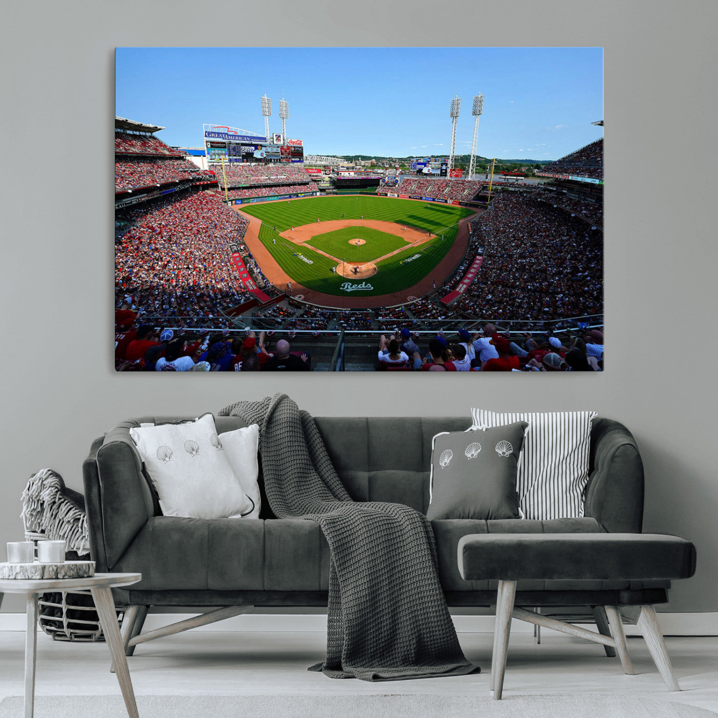 90998-MGV-CV-36X24-Baseball Stadium Wall Art – Canvas Print Day Game Field Packed Crowd Bright Blue Sky Sports Photography, Classic Decor for Game