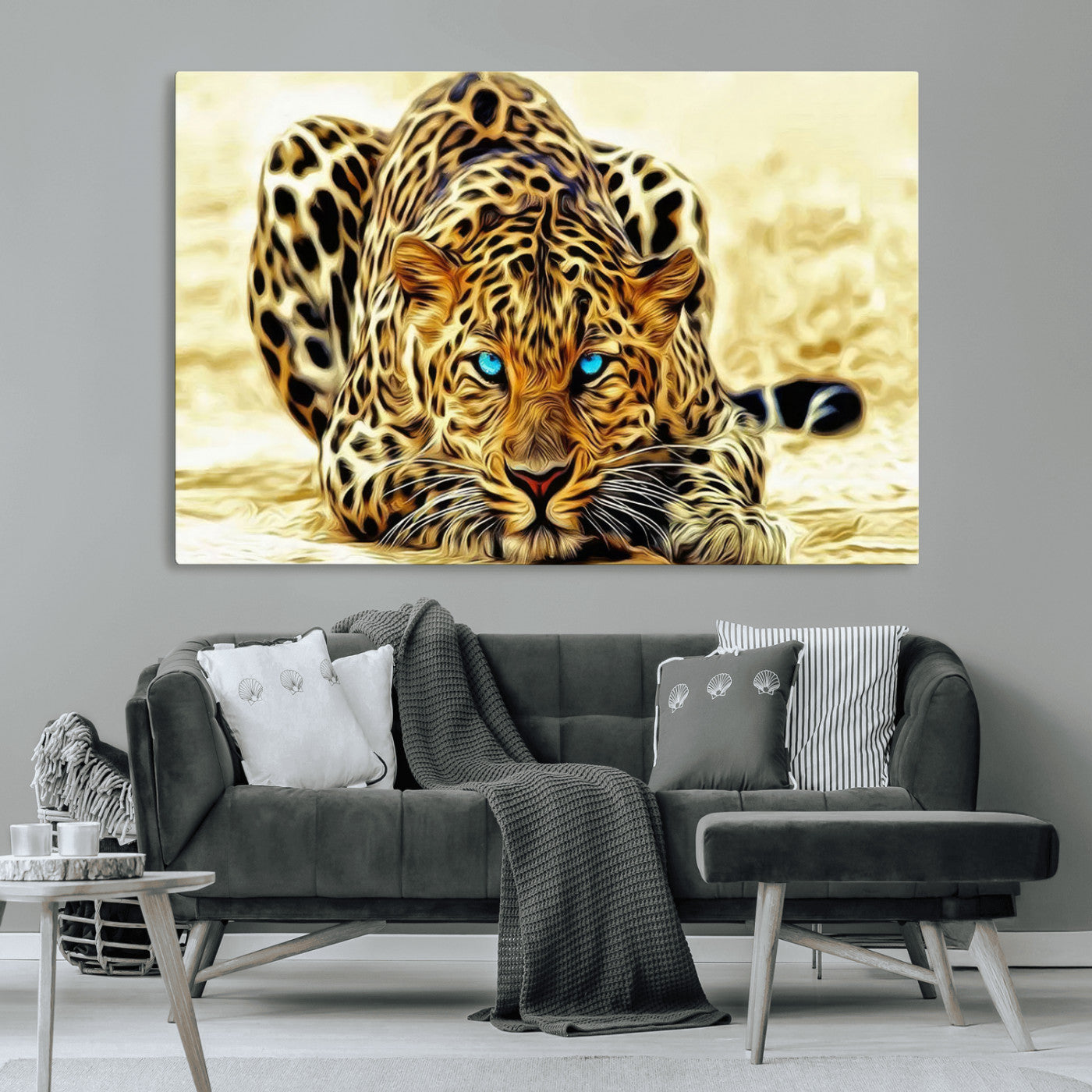 45281-MGV-CV-36X24-Blue Eye Leopard Wall Art Canvas Print, Framed Leopard Painting Art Picture Print, Big Cat Perfect Safari Wildlife Decor Artwork