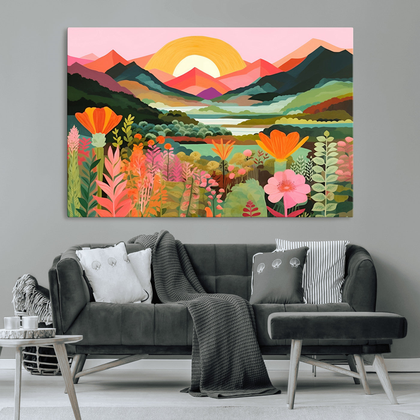 78974-MGV-CV-36X24-Sunset Mountain Landscape Wall Art – Colorful Nature Canvas Print with Flowers and Hills, Vibrant Botanical Artwork for Living