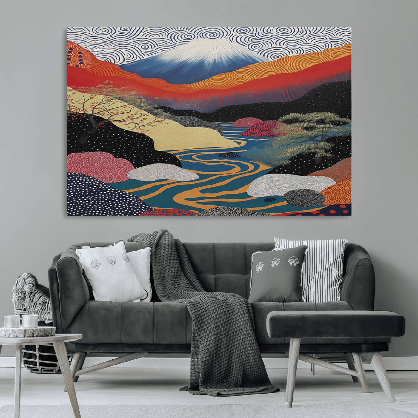32131-MGV-CV-36X24-Japanese Mount Fuji Wall Art – Abstract Landscape Canvas Print with Swirling Sky & River, Modern Minimalist Asian Inspired Poster
