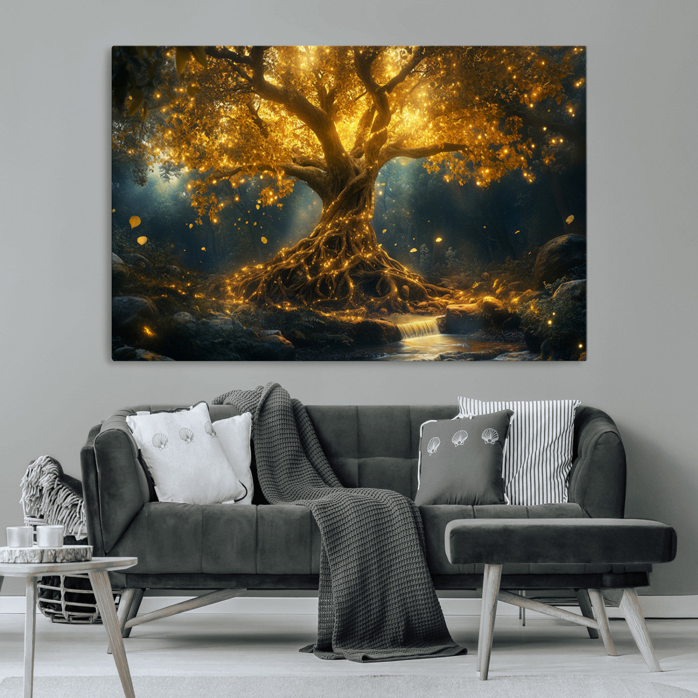 92739-MGV-CV-36X24-Glowing Tree Wall Art – Enchanted Golden Forest Canvas Print, Mystical Illuminated Nature Painting Poster for Living Room,