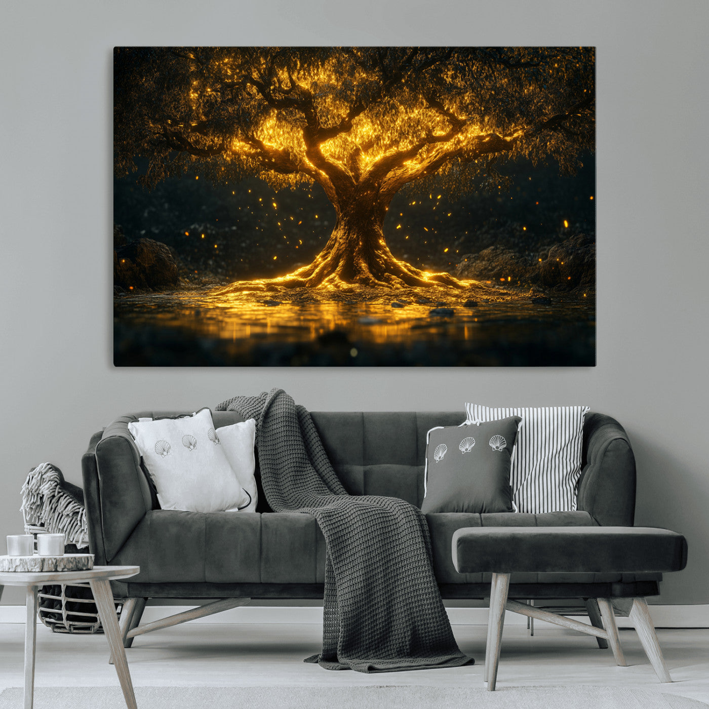 59580-MGV-CV-36X24-Glowing Tree Wall Art – Golden Fantasy Nature Canvas Print, Mystical Illuminated Tree Painting Poster for Living Room, Bedroom,