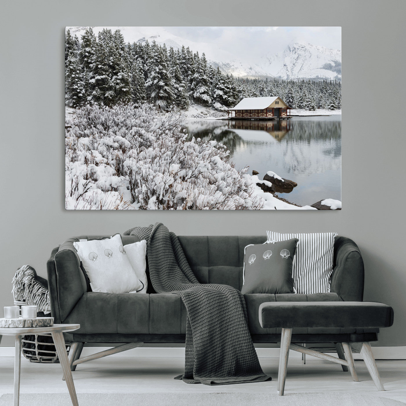 94285-MGV-CV-36X24-Snowy Cabin Wall Art Canvas Print, Framed Winter Cabin Art Picture Print, Mountain Lake Perfect Snowy Nature Decor Artwork