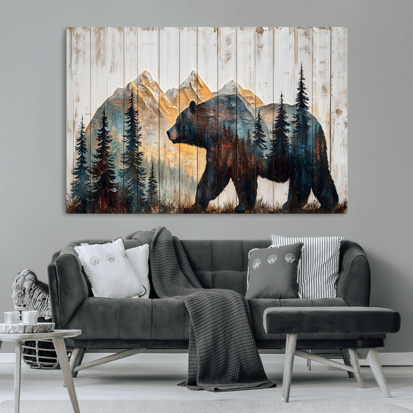 90077-MGV-CV-36X24-Wood Grizzly Bear Wall Art Canvas Print, Framed Abstract Bear Art Picture Print, Bear in Forest Perfect Rustic Lodge Decor Artwork