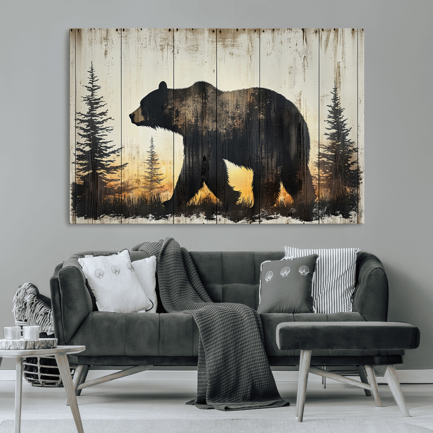 83875-MGV-CV-36X24-Sunset Bear Wall Art – Rustic Wildlife Canvas Print with Forest Silhouette, Cabin Lodge Decor for Living Room or Office