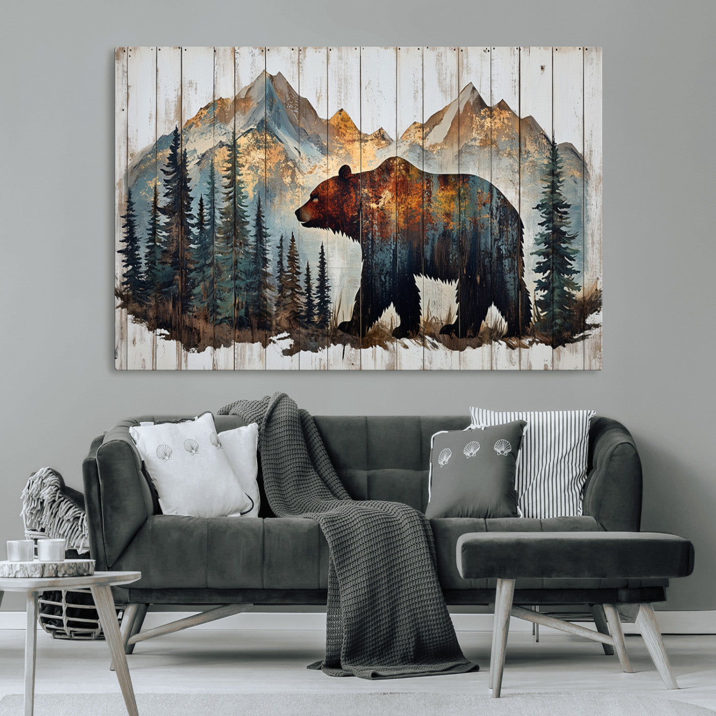 55777-MGV-CV-36X24-Rustic Bear Wall Art Canvas Print, Framed Mountain and Forest Art Picture Print, Wooden Bear Perfect Rustic Lodge Decor Artwork