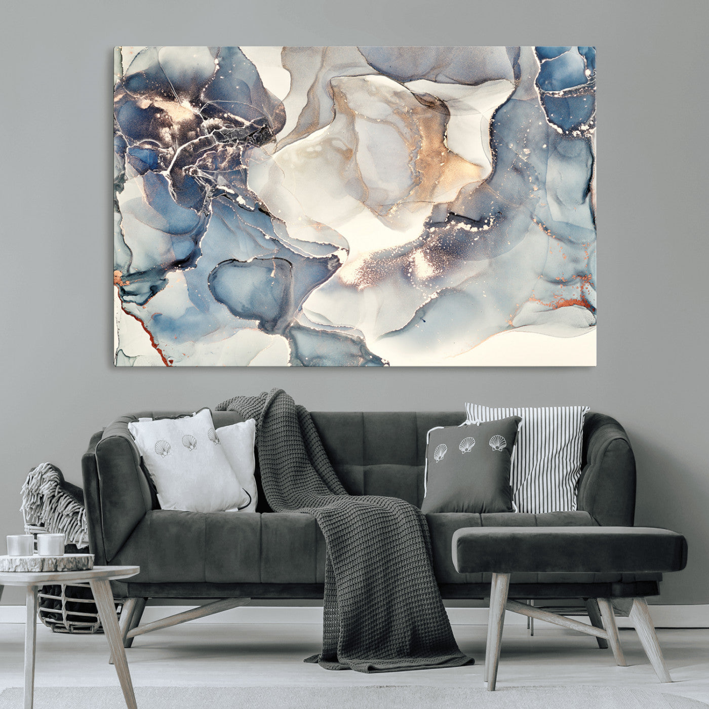 51497-MGV-CV-36X24-Abstract Blue and Gold Wall Art – Modern Fluid Ink Style Canvas Print, Elegant Contemporary Decor for Living Room, Office