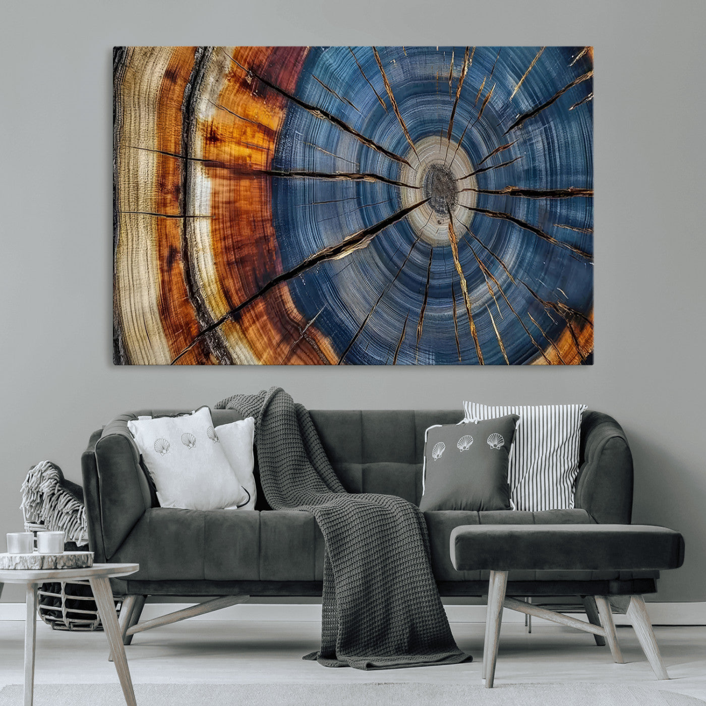10583-MGV-CV-36X24-Tree Ring Wall Art – Abstract Wood Grain Canvas Print with Blue and Brown Tones, Nature Inspired Rustic Artwork for Living Room,