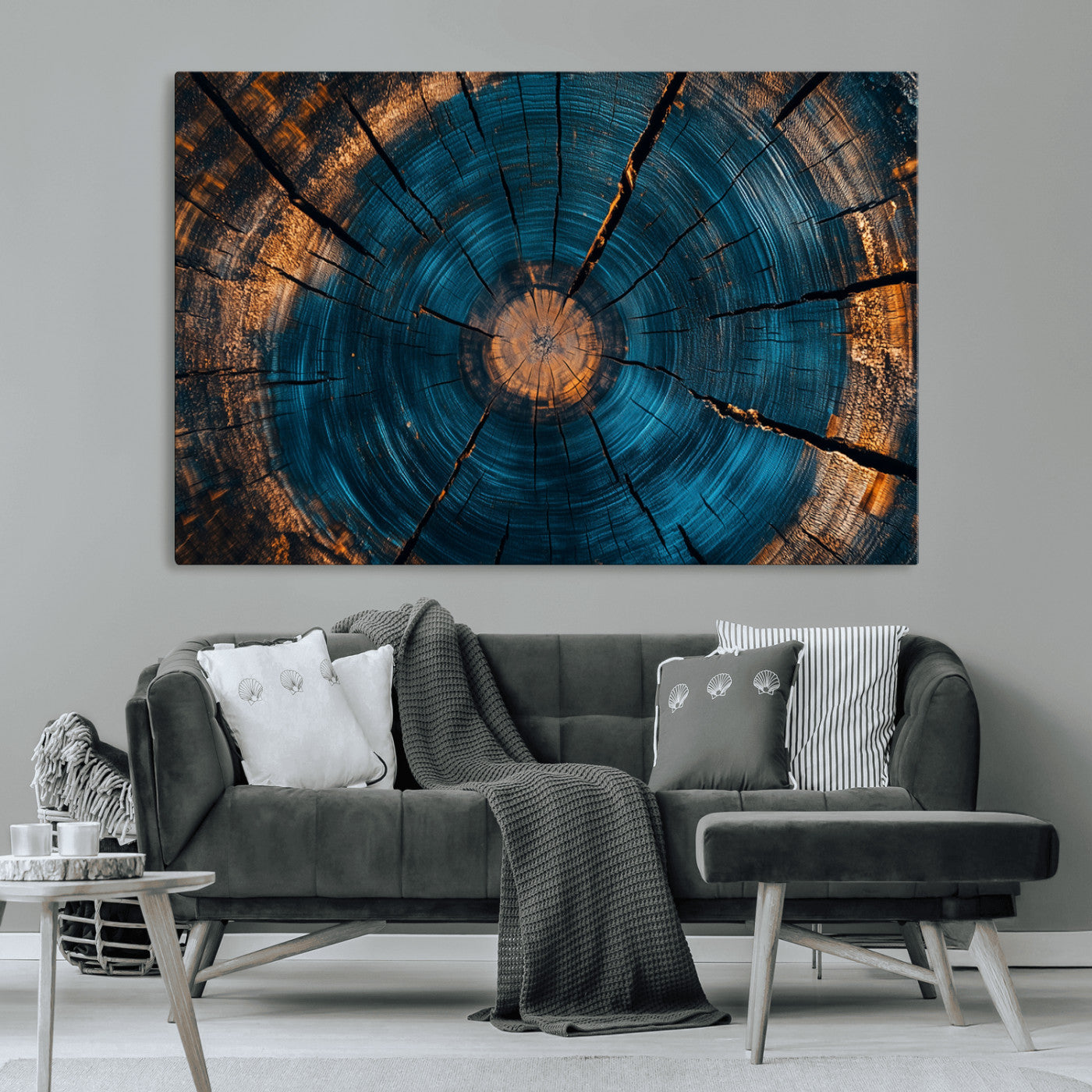 13398-MGV-CV-36X24-Tree Ring Wall Art – Abstract Wood Grain Canvas Print with Blue and Orange Accents, Rustic Nature Inspired Artwork for Living