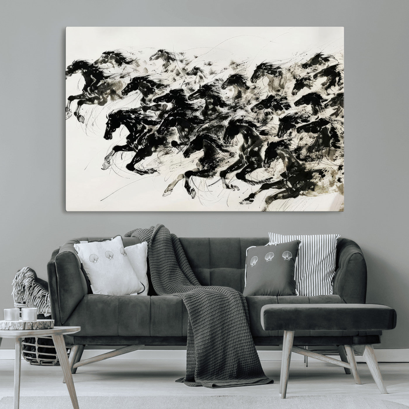 23069-MGV-CV-36X24-Galloping Horses Wall Art – Black Ink Painting on Canvas, Dynamic Equestrian Artwork with Running Stallions, Expressive Modern