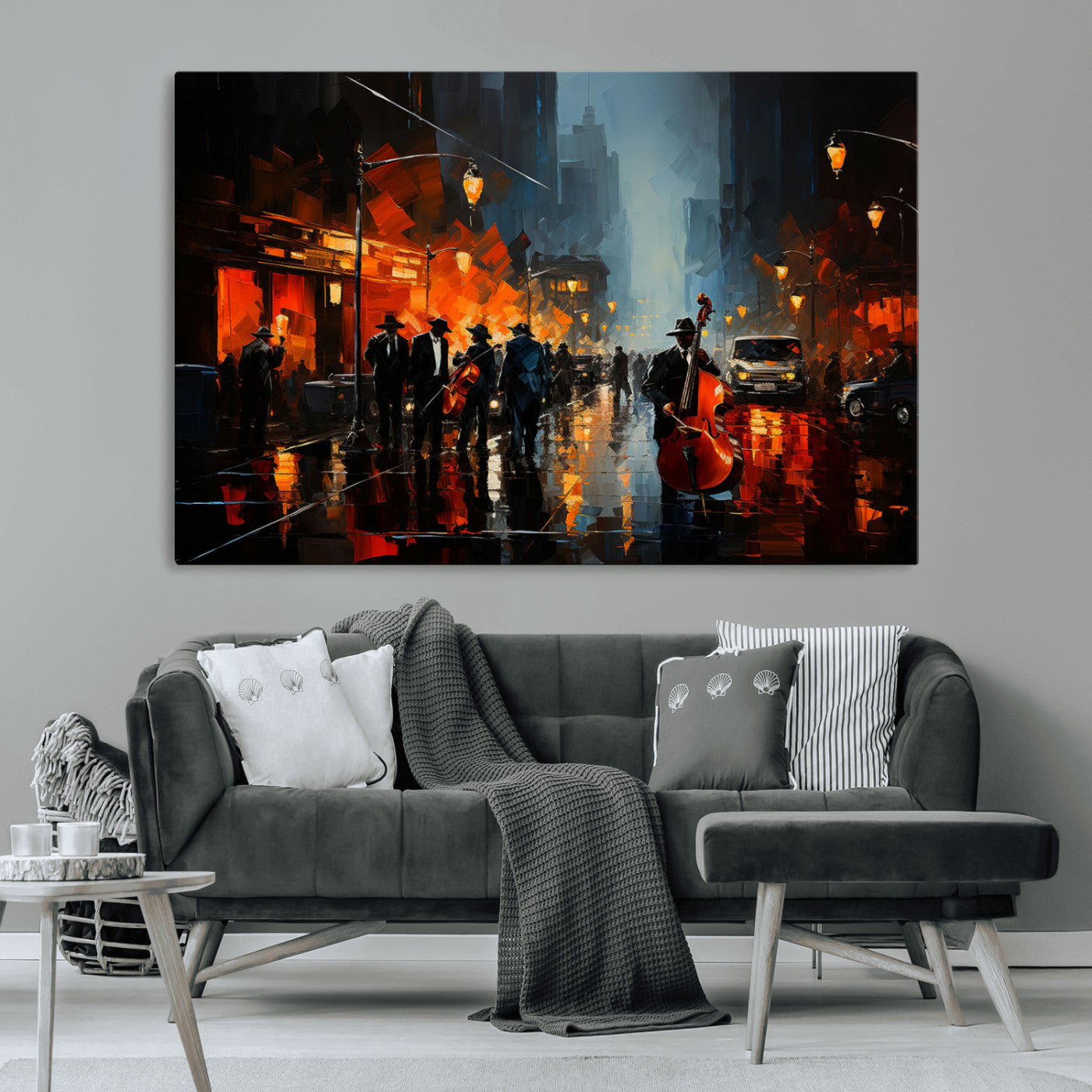 46538-MGV-CV-36X24-Urban Jazz Night Wall Art – Dramatic Music Canvas Print with Double Bass and Street Musicians, Modern City Scene Artwork for