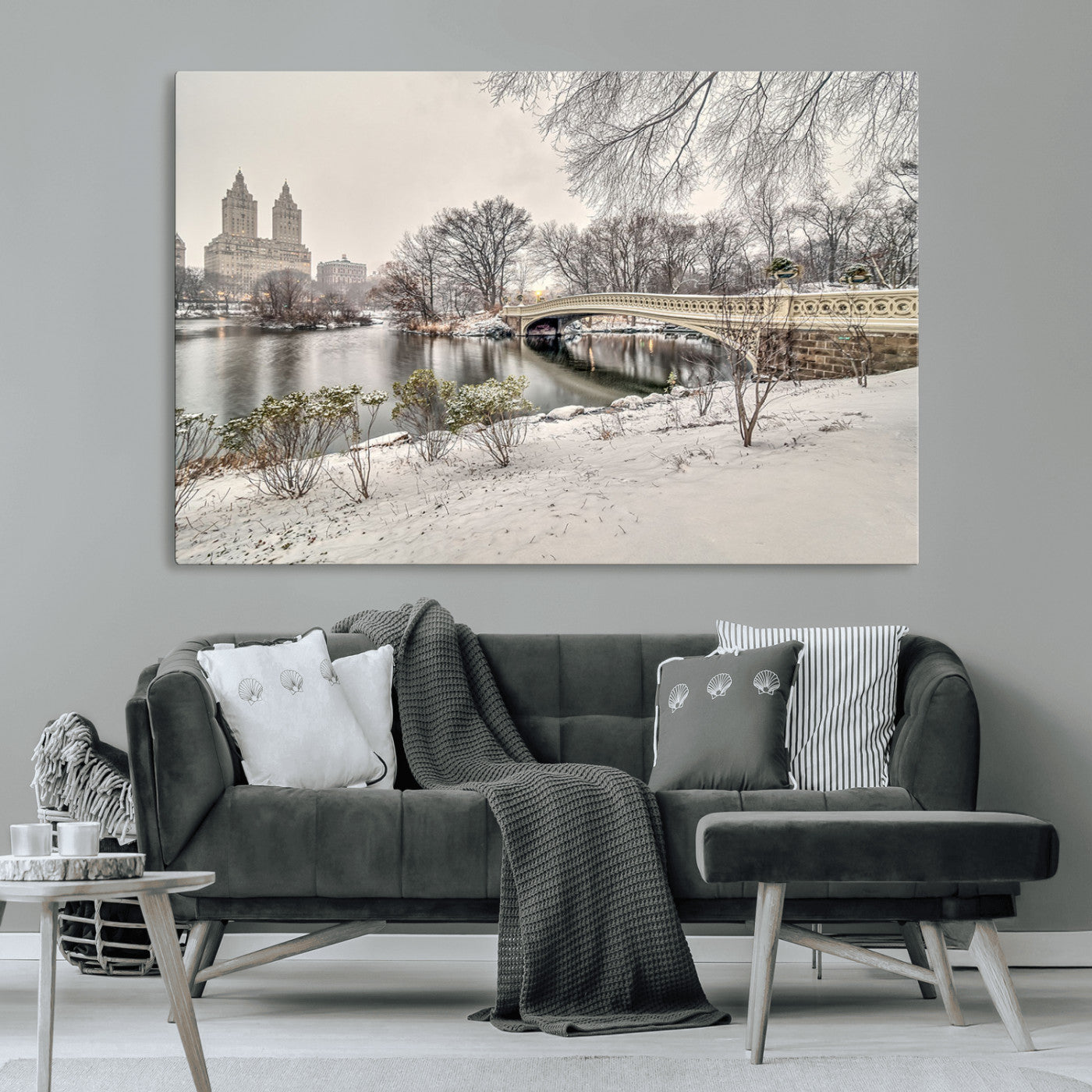 60292-MGV-CV-36X24-Central Park Winter Wall Art – Snowy Bow Bridge Canvas Print, Scenic New York City Landscape Photography for Living Room, Bedroom