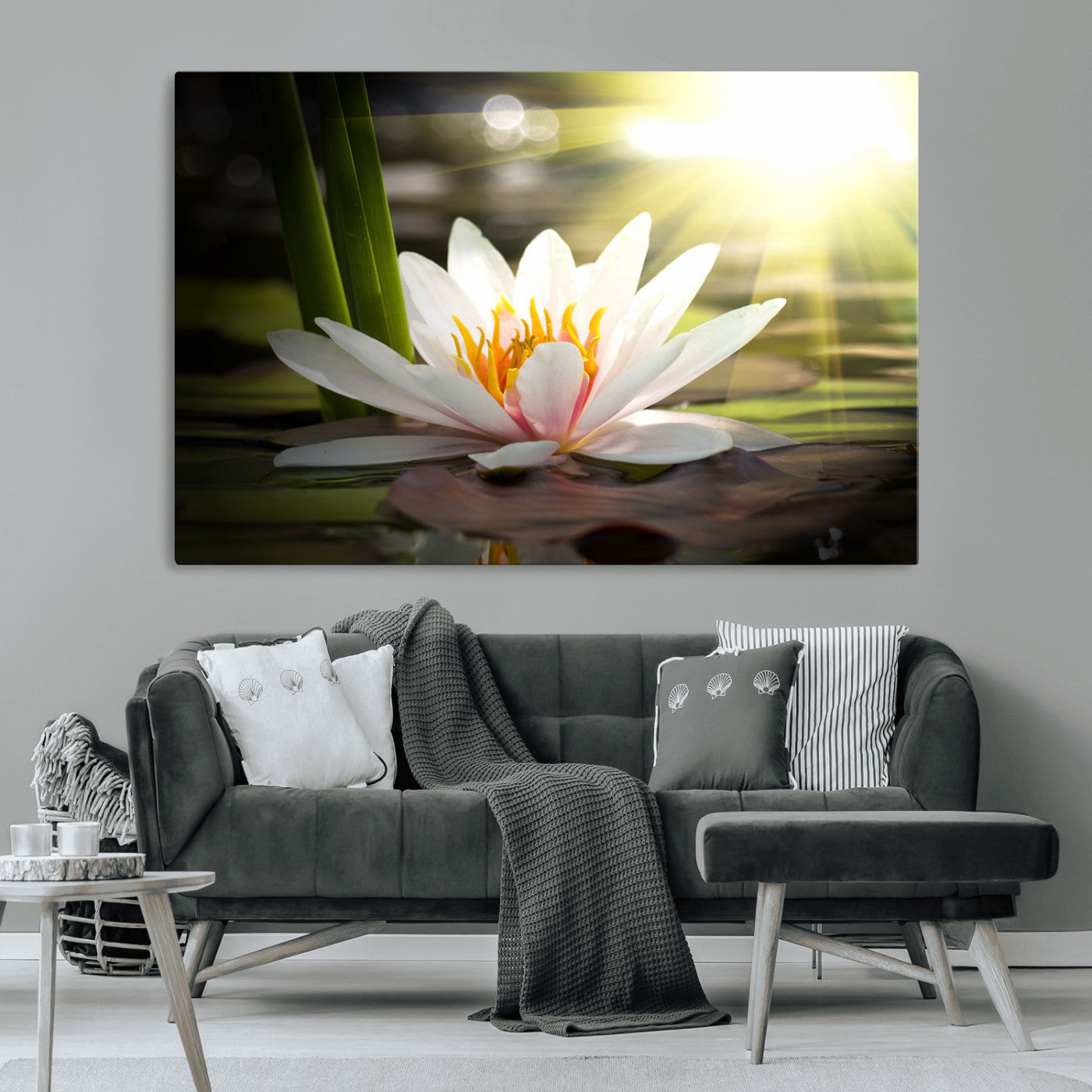 40478-MGV-CV-36X24-Water Lily Wall Art – White Lotus Flower Canvas Print with Sunlight Reflection, Serene Botanical Artwork for Living Room, Bedroom,