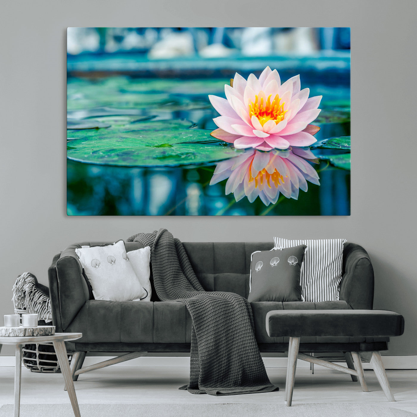 65933-MGV-CV-36X24-Pink Water Lily Wall Art – Lotus Flower Canvas Print with Reflection on Calm Water, Peaceful Botanical Artwork for Living Room,