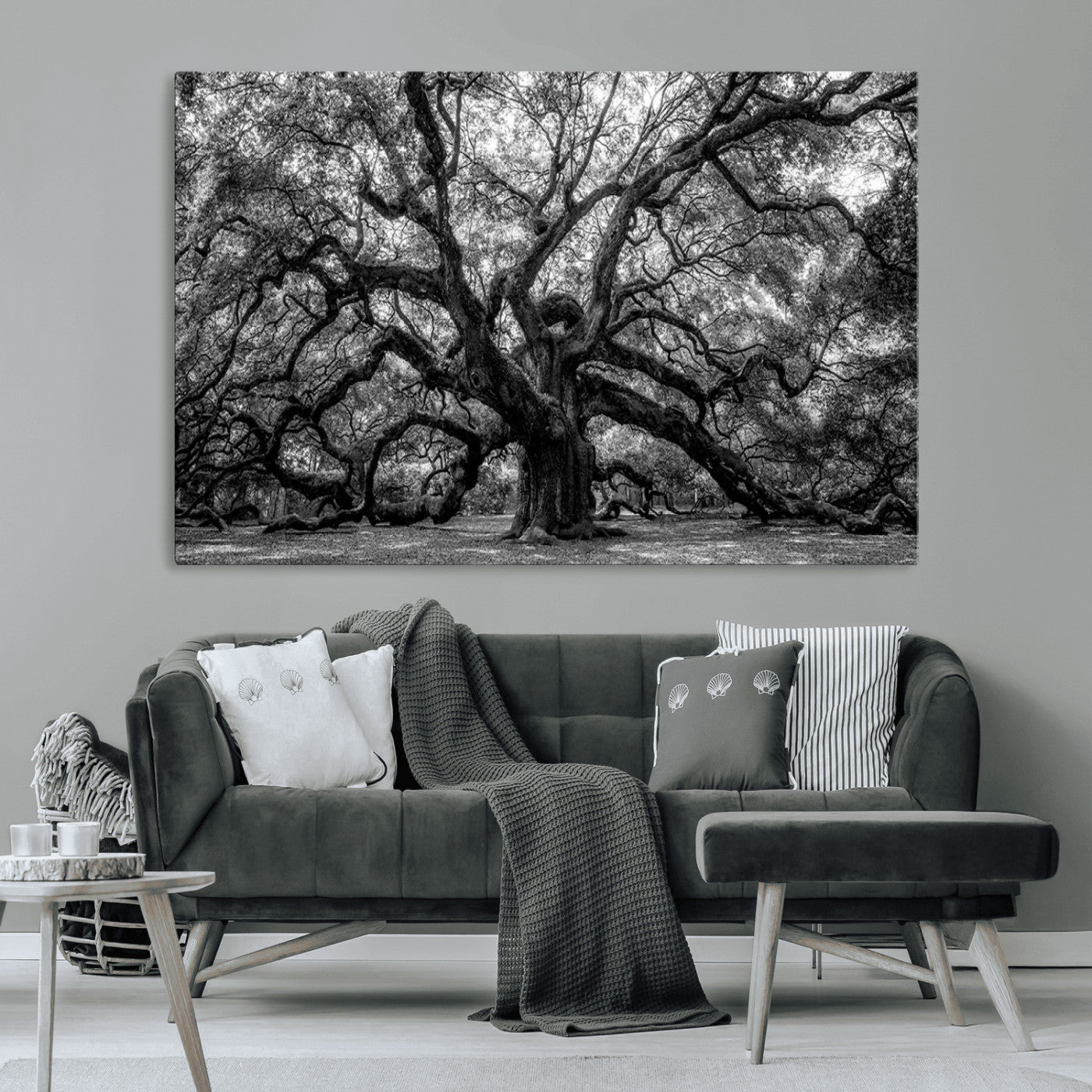 132944706-MGV-CV-36X24-Ancient Tree Wall Art – Black and White Photography Canvas Print Featuring Majestic Twisting Branches, Rustic Nature Artwork for