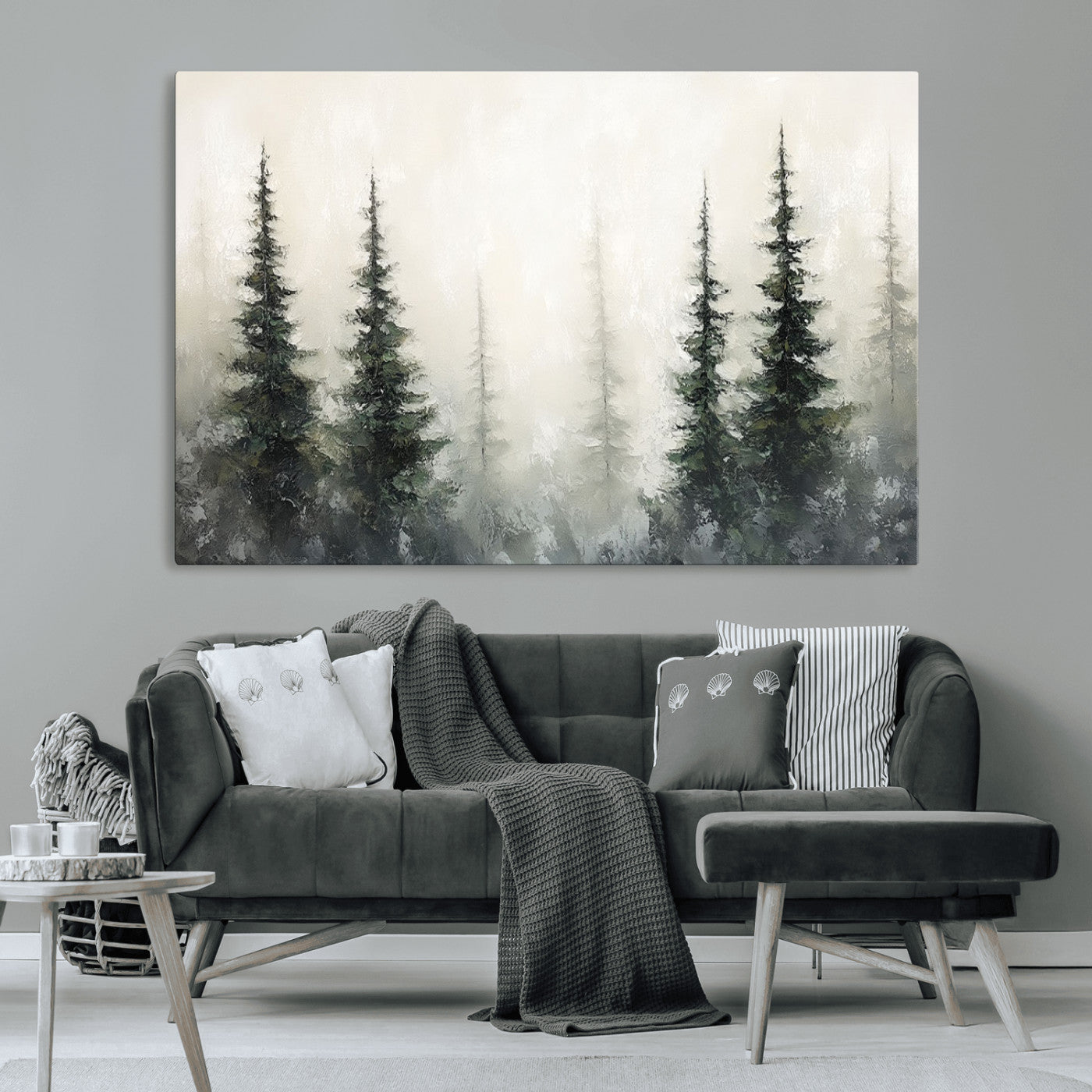 33241-MGV-CV-36X24-Misty Forest Wall Art Canvas Print, Framed Foggy Pines Art Picture Print, Forest Haze Perfect Rustic Minimalist Decor Artwork