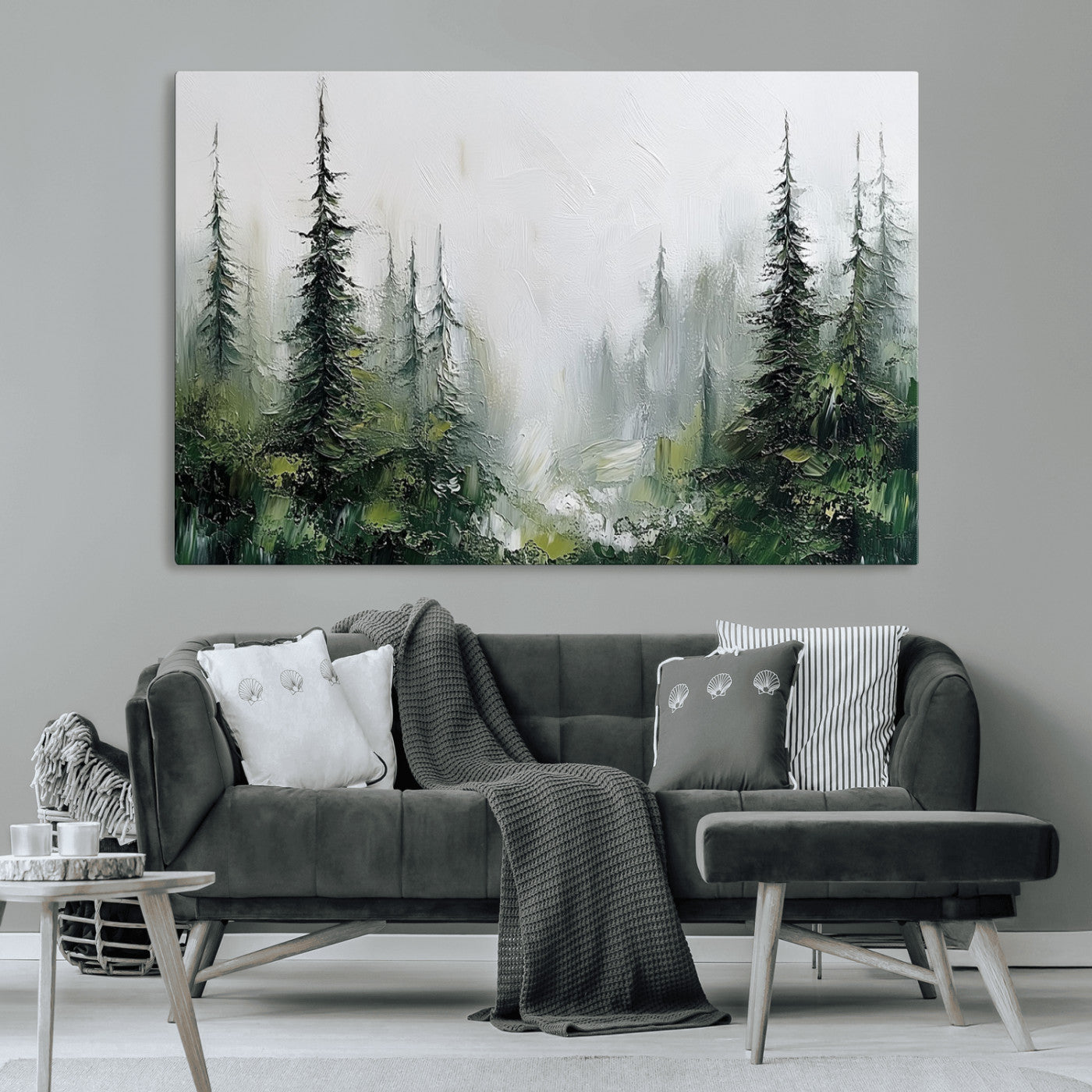 76014-MGV-CV-36X24-Forest Wall Art – Textured Canvas Print Featuring Misty Evergreen Pines and Woodland Landscape, Rustic Nature Artwork for Living