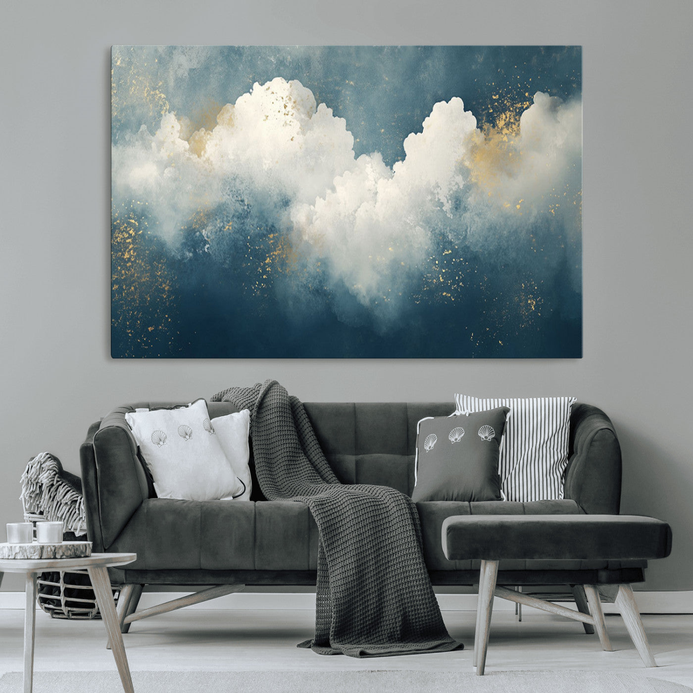 75131-MGV-CV-36X24-Abstract Cloud Wall Art – Modern Canvas Print Featuring Blue and White Clouds with Golden Accents, Contemporary Artwork for Living