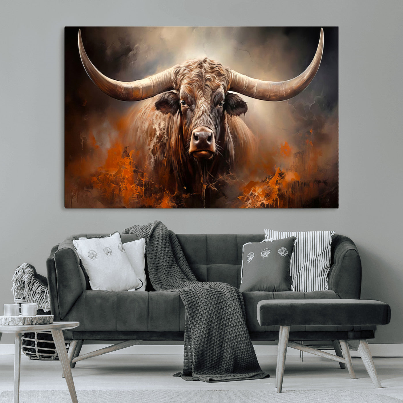 240479-MGV-CV-36X24-Longhorn Bull Wall Art – Dramatic Western Canvas Print Featuring Horned Bull with Fiery Background, Rustic Farmhouse Artwork for