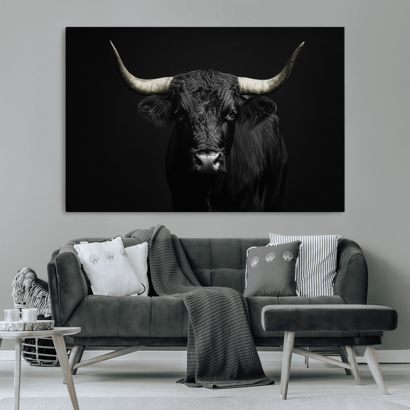 97914921-MGV-CV-36X24-Black Bull Wall Art Canvas Print, Framed Longhorn Bull Art Picture Print, Western Bull Perfect Monochrome Western Decor Artwork