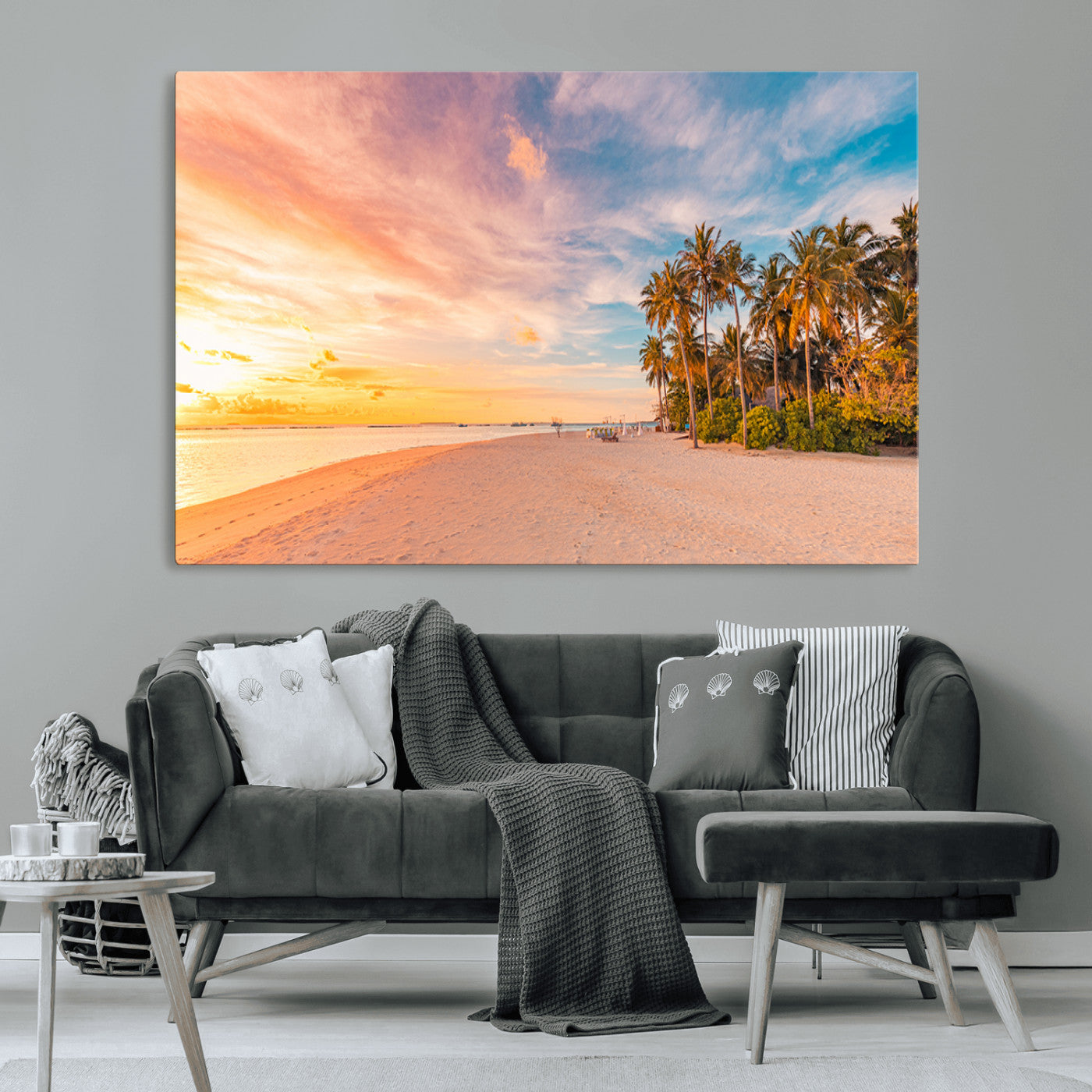 41542880-MGV-CV-36X24-Tropical Beach Wall Art Canvas Print, Framed Palm Trees Art Picture Print, Sunset Shore Perfect Tropical Coastal Decor Artwork
