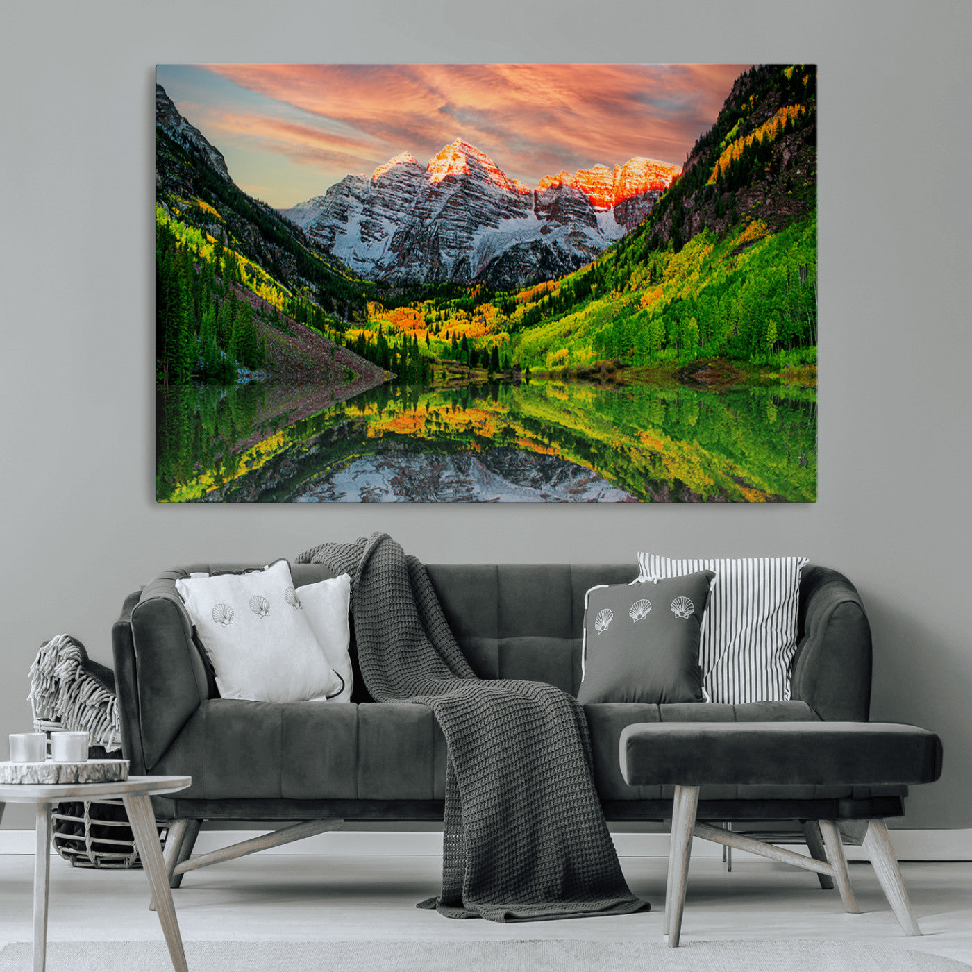 59533484-MGV-CV-36X24-Maroon Bells Autumn Wall Art – Panoramic Mountain Landscape Canvas Print, Sunset Reflection Nature Artwork for Living Room, Office