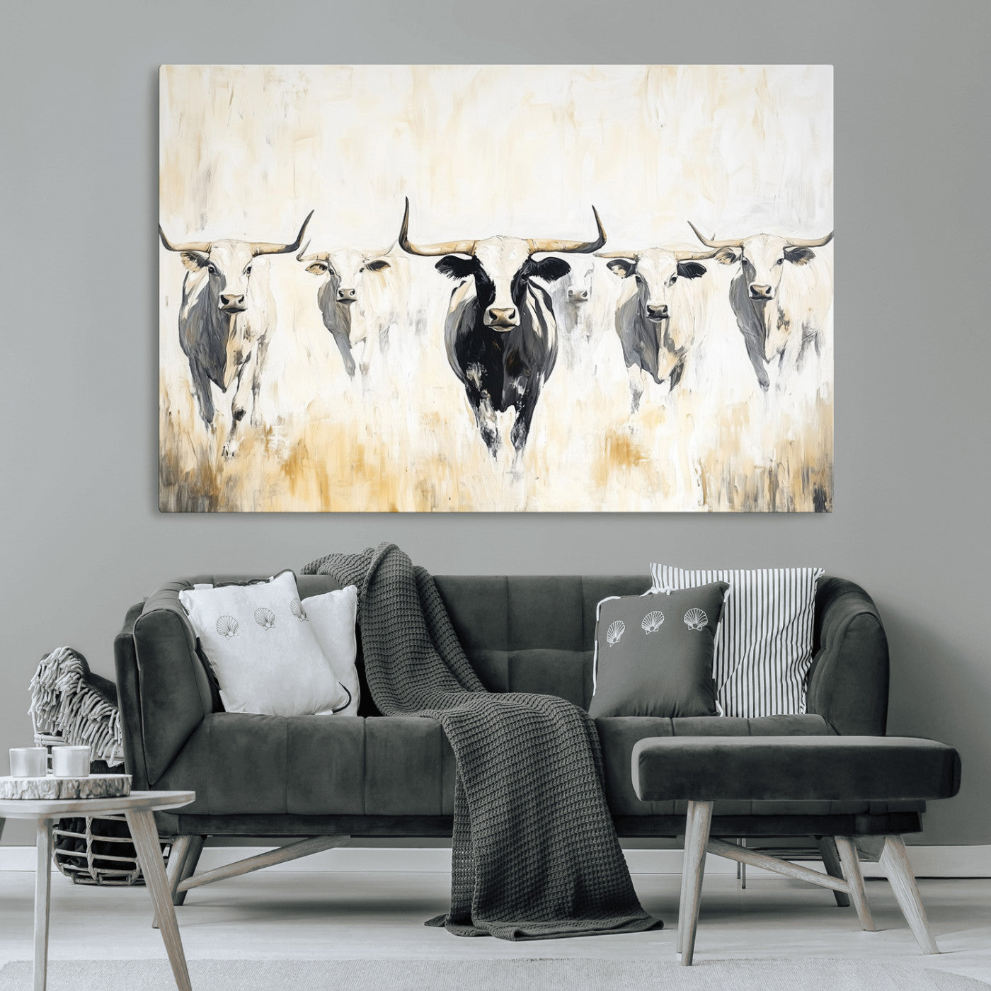 40397799-MGV-CV-36X24-Texas Longhorn Wall Art Canvas Print, Framed Rustic Herd Art Picture Print, Western Bull Perfect Neutral Western Decor Artwork
