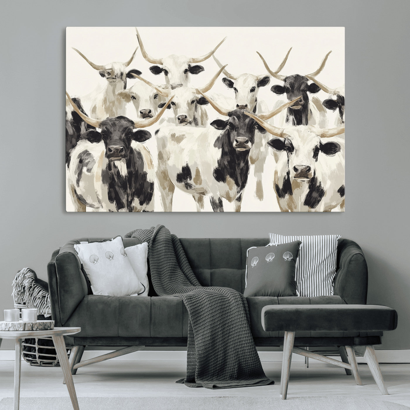 52947970-MGV-CV-36X24-Texas Longhorn Wall Art Canvas Print, Framed Cattle Herd Art Picture Print, Herd Portrait Perfect Modern Farmhouse Decor Artwork