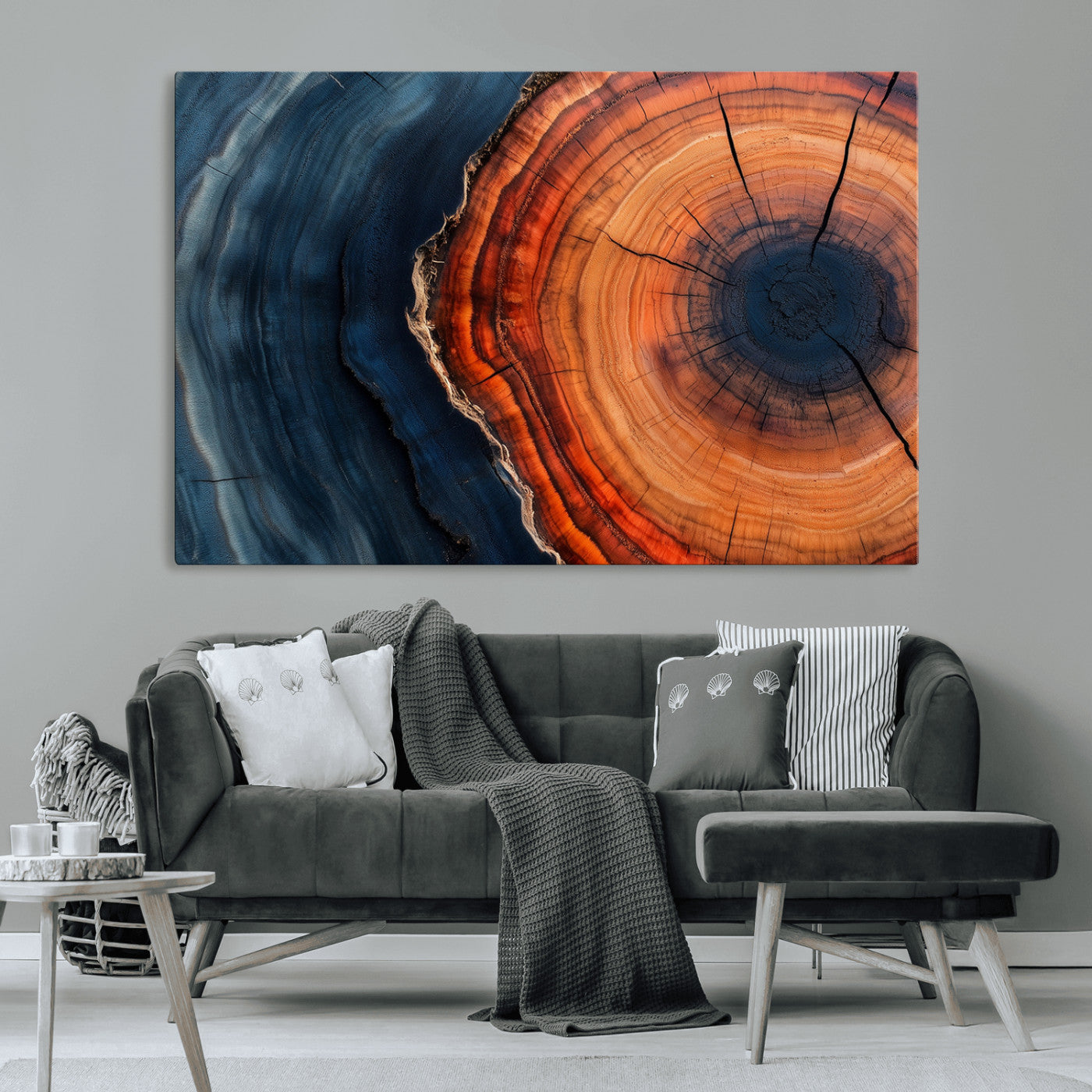 57732250-MGV-CV-36X24-Tree Ring Abstract Wall Art – Blue Orange Wood Grain Canvas Print, Modern Rustic Nature Artwork for Living Room, Office,