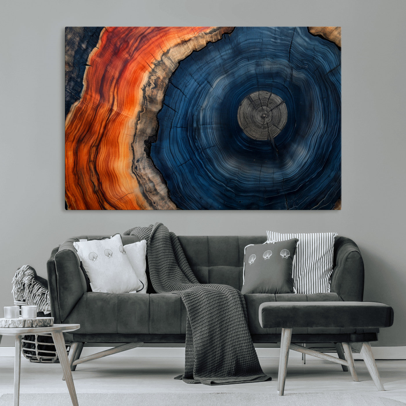 99491700-MGV-CV-36X24-Tree Ring Canvas Wall Art – Blue Orange Abstract Wood Grain Print, Rustic Modern Nature Artwork for Living Room, Office, Bedroom