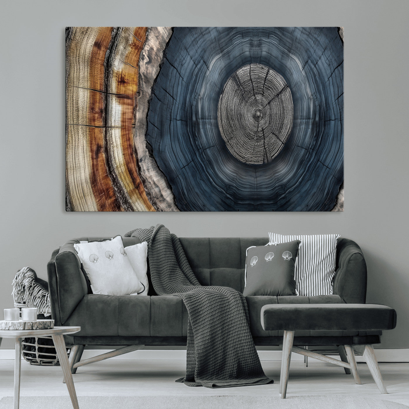 91368647-MGV-CV-36X24-Smoky Blue Tree Ring Wall Art – Rustic Wood Cross Section Canvas Print, Modern Nature Inspired Decor for Living Room, Office, or