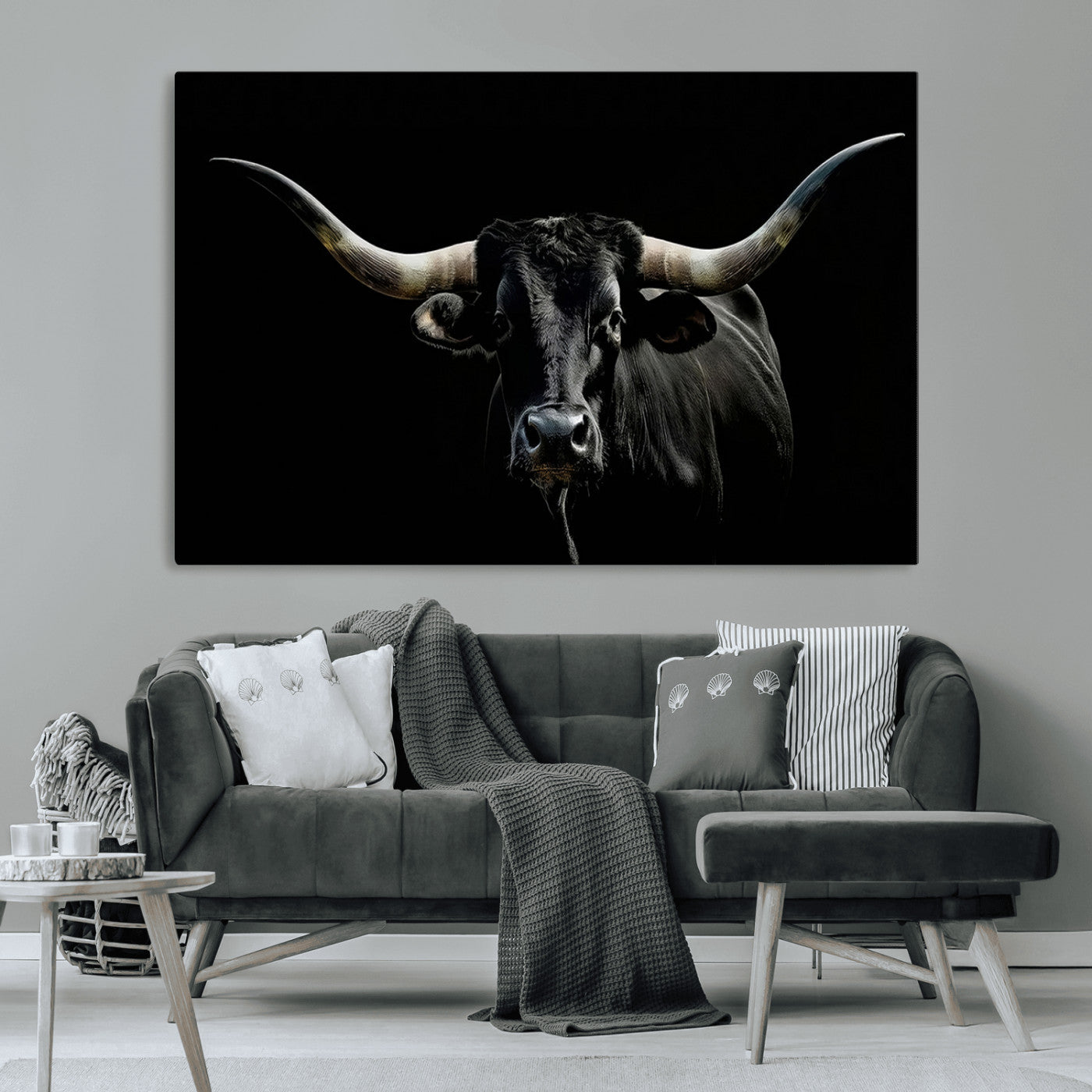 37531960-MGV-CV-36X24-Black Longhorn Bull Wall Art – Dramatic Western Cattle Canvas Print, Rustic Farmhouse Animal Artwork for Living Room, Bedroom,