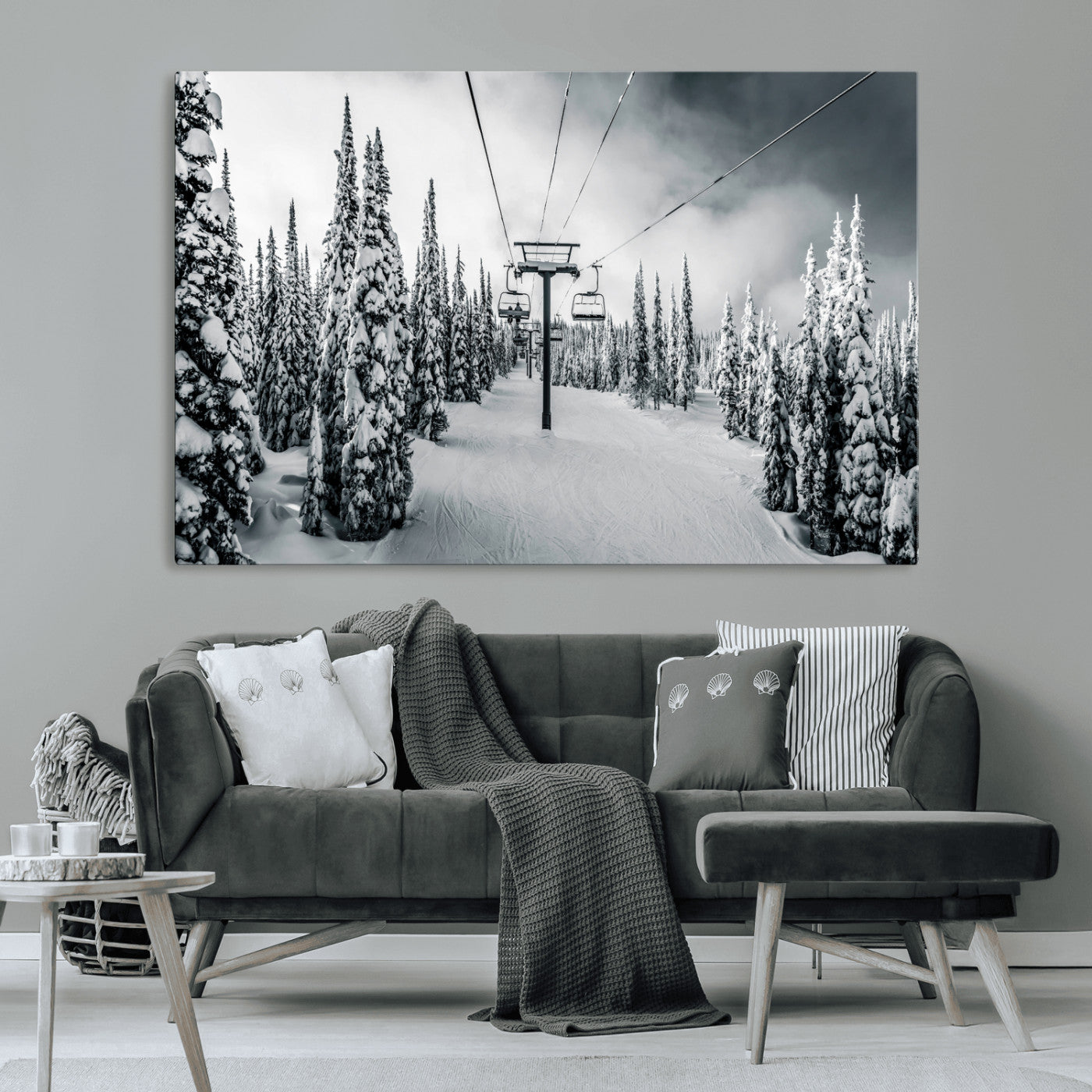31156828-MGV-CV-36X24-Snowy Pines Wall Art Canvas Print, Framed Ski Lift Art Picture Print, Winter Forest Perfect Moody Lodge Decor Artwork