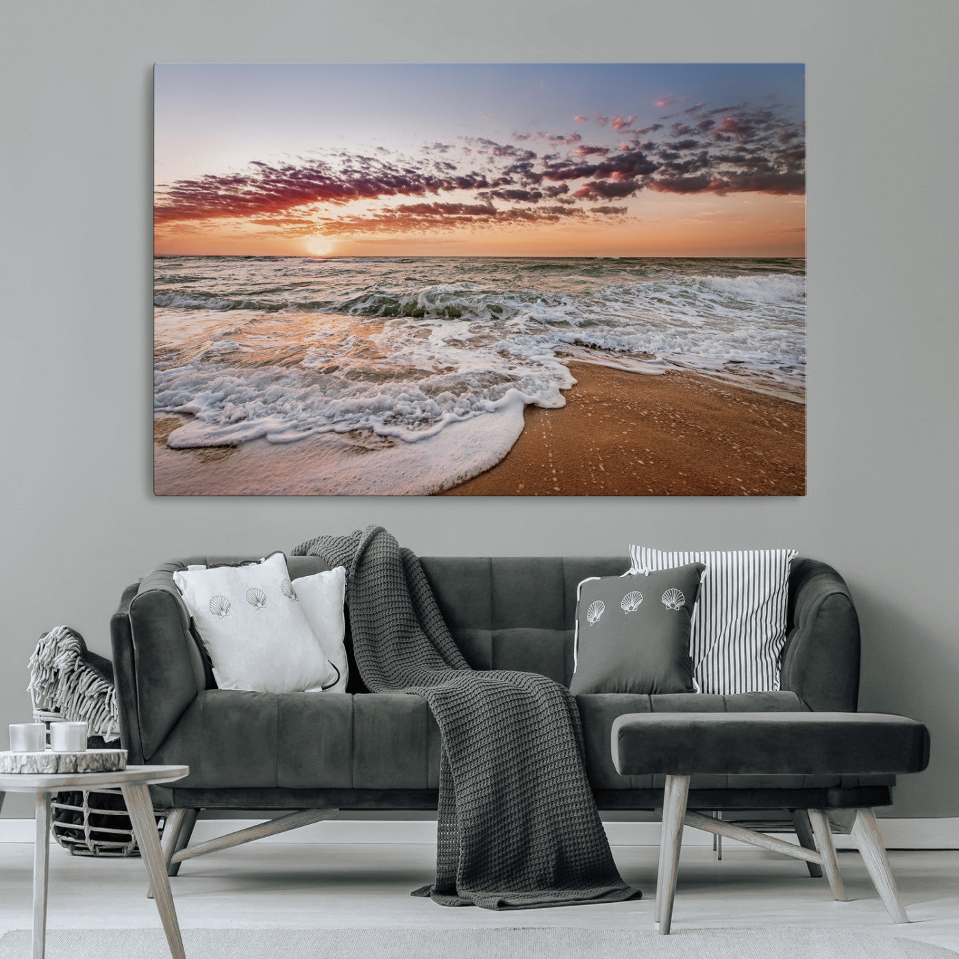 39846389-MGV-CV-36X24-Ocean Sunset Wall Art Canvas Print, Framed Sandy Shore Art Picture Print, Gentle Waves Perfect Minimalist Coastal Decor Artwork