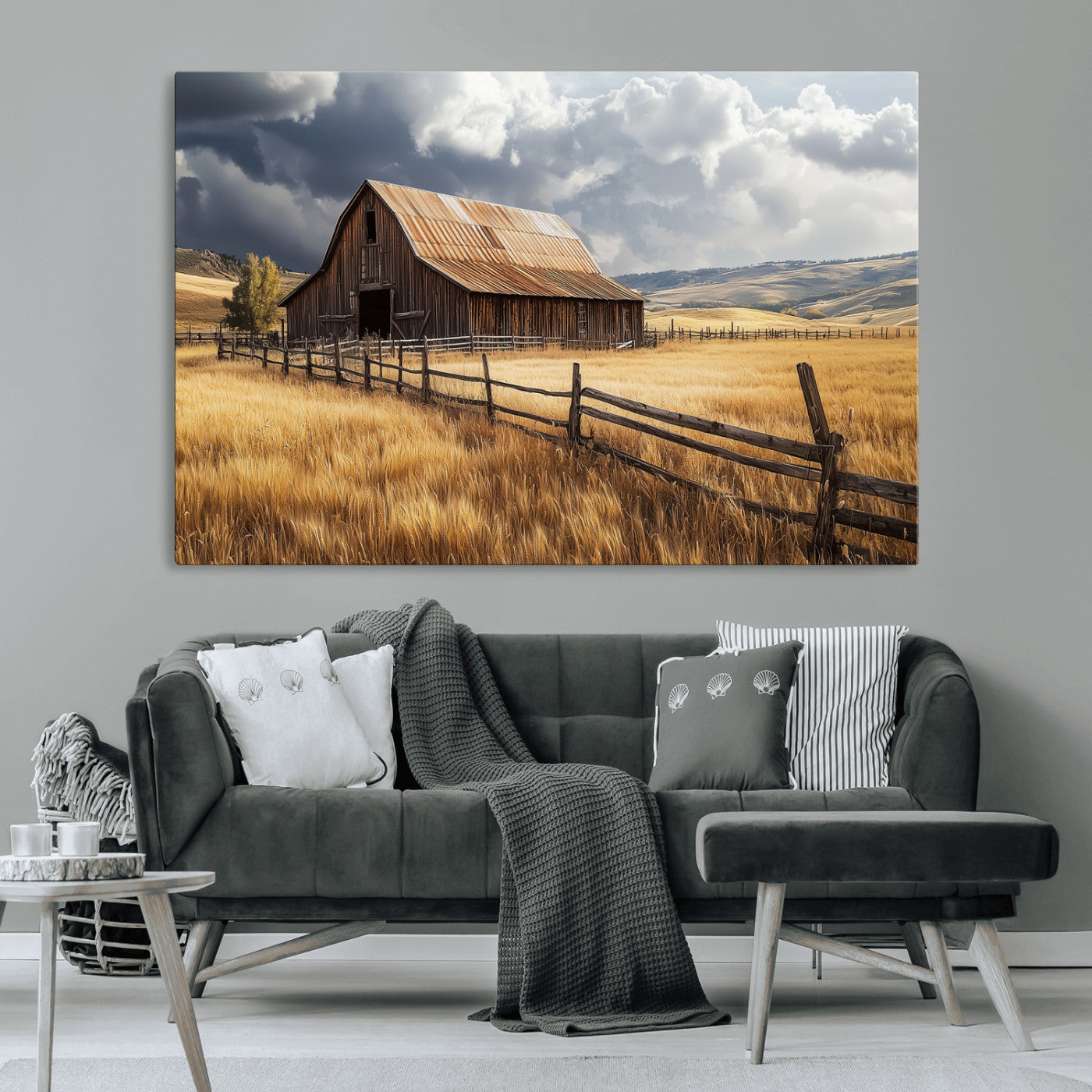 38758826-MGV-CV-36X24-Rustic Barn Wall Art Canvas Print, Framed Moody Barn Art Picture Print, Golden Field Perfect Rustic Farmhouse Decor Artwork