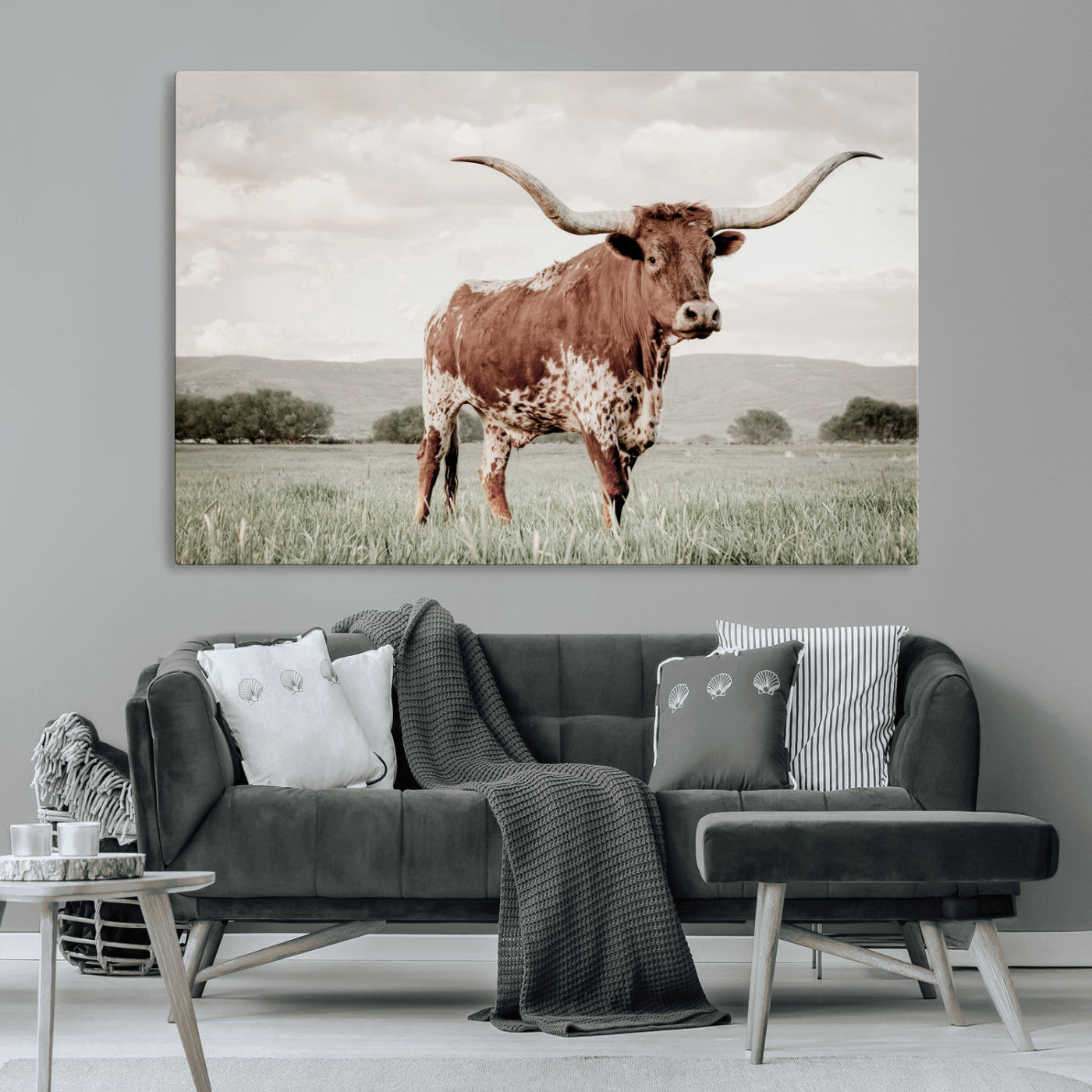 28309012-MGV-CV-36X24-Texas Longhorn Wall Art Canvas Print, Framed Spotted Cattle Art Picture Print, Horned Bull Perfect Rustic Western Decor Artwork