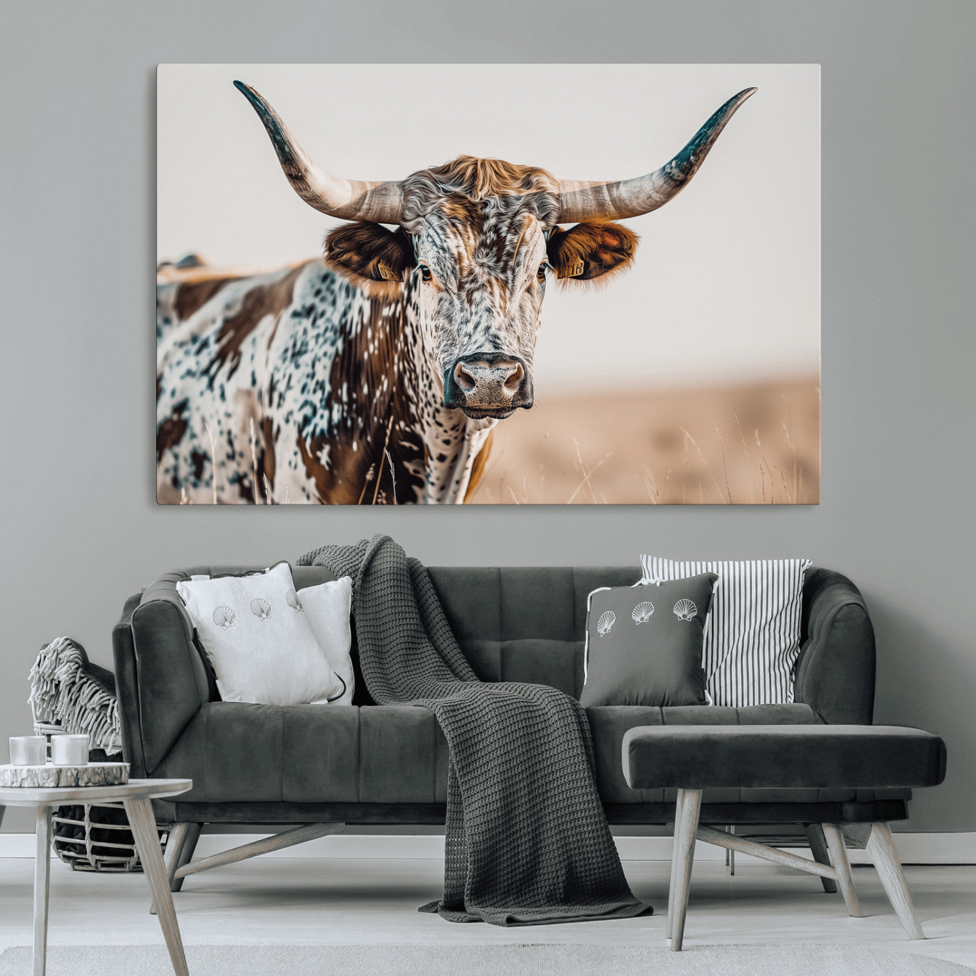 70414966-MGV-CV-36X24-Texas Longhorn Wall Art Canvas Print, Framed Speckled Cow Art Picture Print, Horned Bull Perfect Rustic Western Decor Artwork