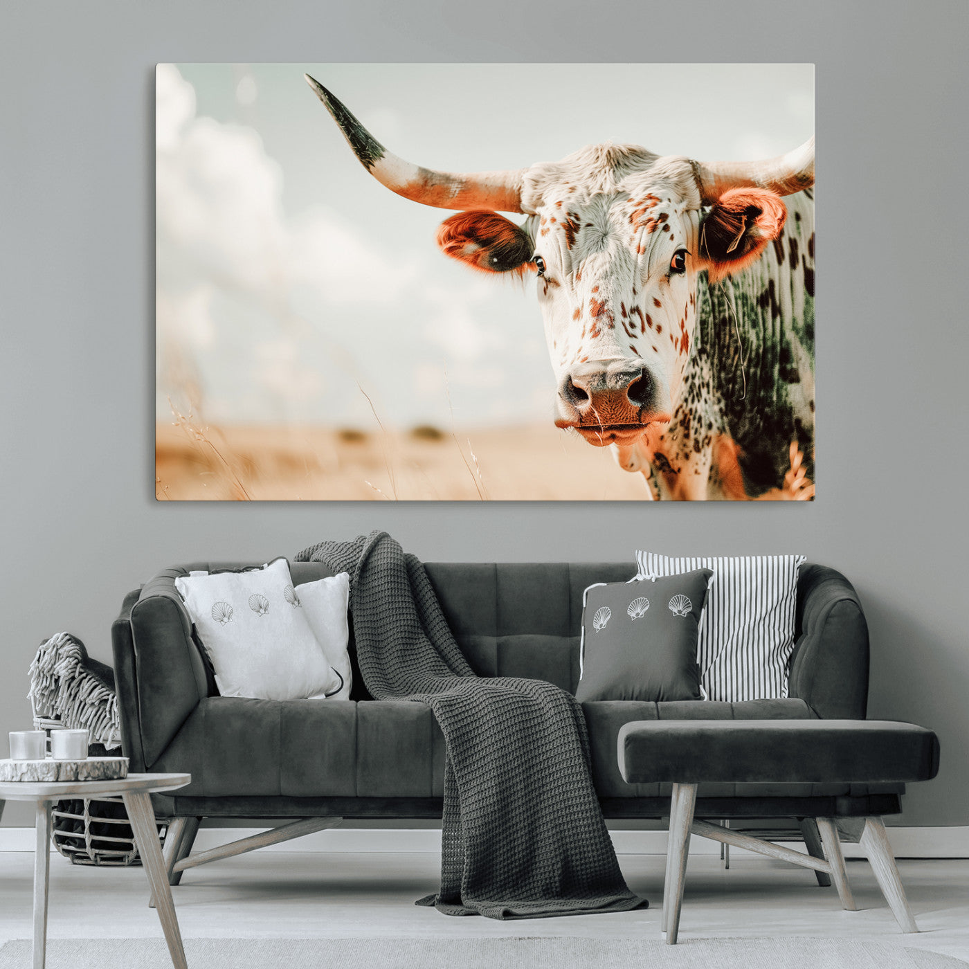 72766375-MGV-CV-36X24-Texas Longhorn Wall Art Canvas Print, Framed Spotted Cow Art Picture Print, Horned Cattle Perfect Rustic Western Decor Artwork