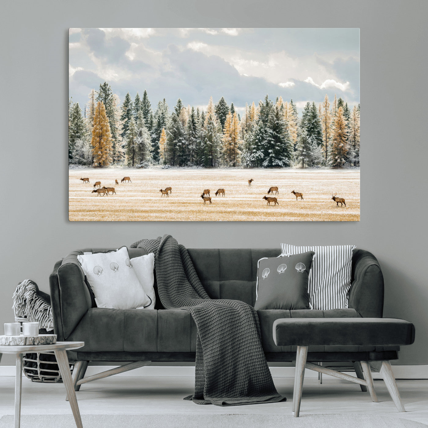 64188182-MGV-CV-36X24-Elk Herd Wall Art Canvas Print, Framed Snowy Forest Art Picture Print, Forest Elks Perfect Neutral Rustic Decor Artwork