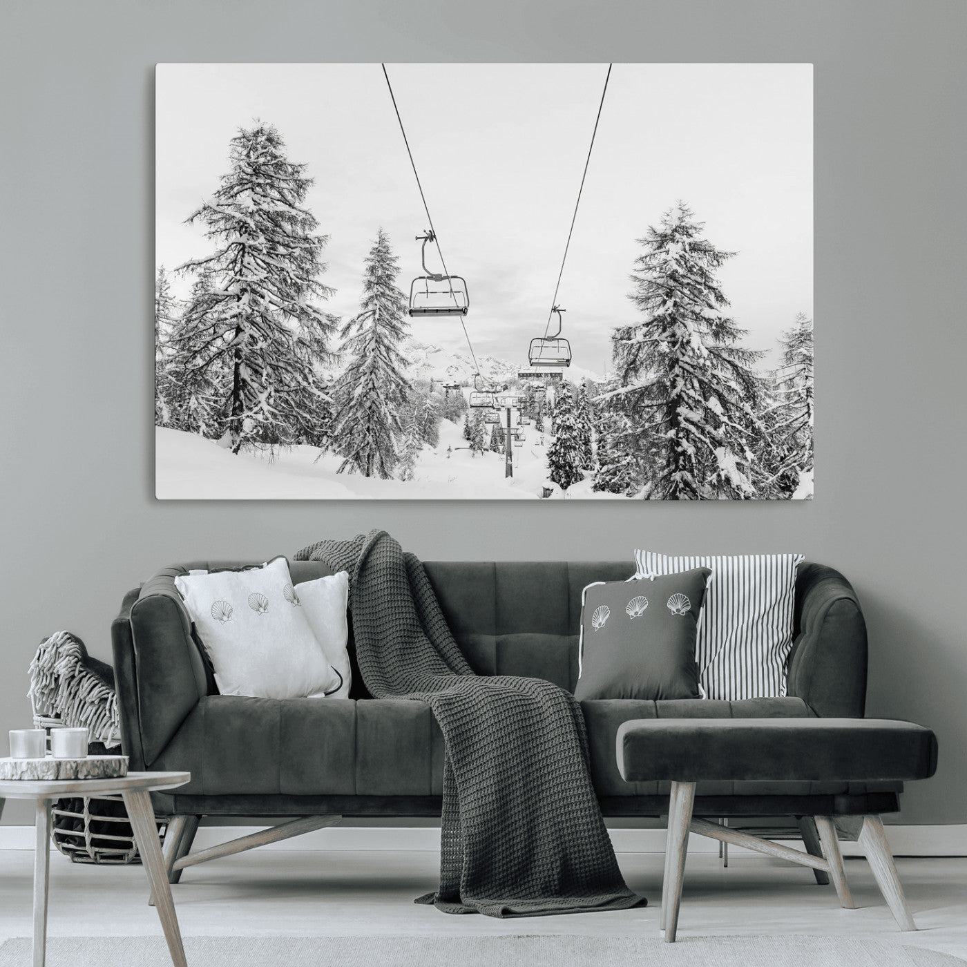 55003599-MGV-CV-36X24-Snowy Ski Lift Wall Art Canvas Print, Framed Winter Forest Art Picture Print, Ski lift Ride Perfect Winter Lodge Decor Artwork