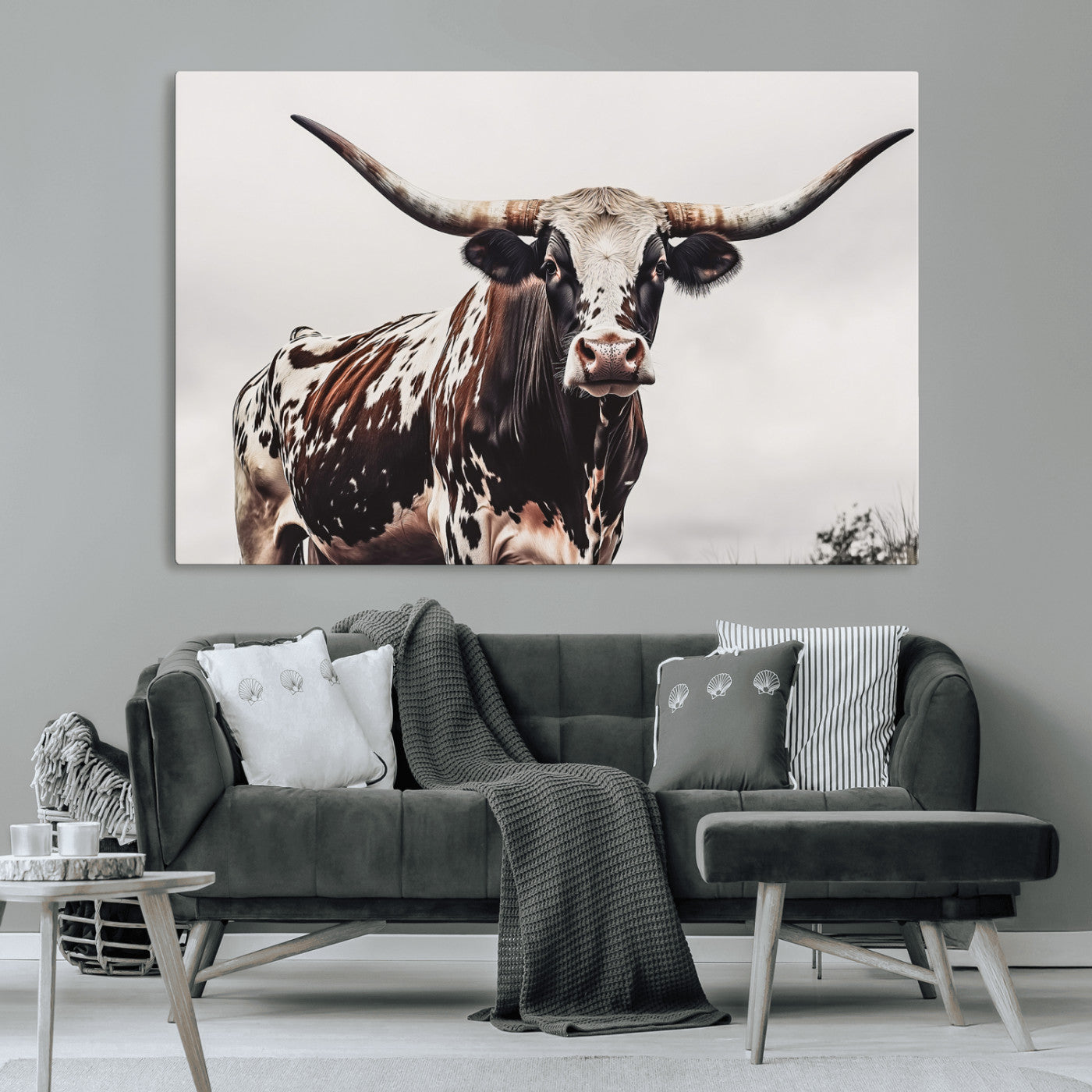 95249234-MGV-CV-36X24-Texas Longhorn Wall Art Canvas Print, Framed Spotted Bull Art Picture Print, Horned Cattle Perfect Rustic Farmhouse Decor Artwork